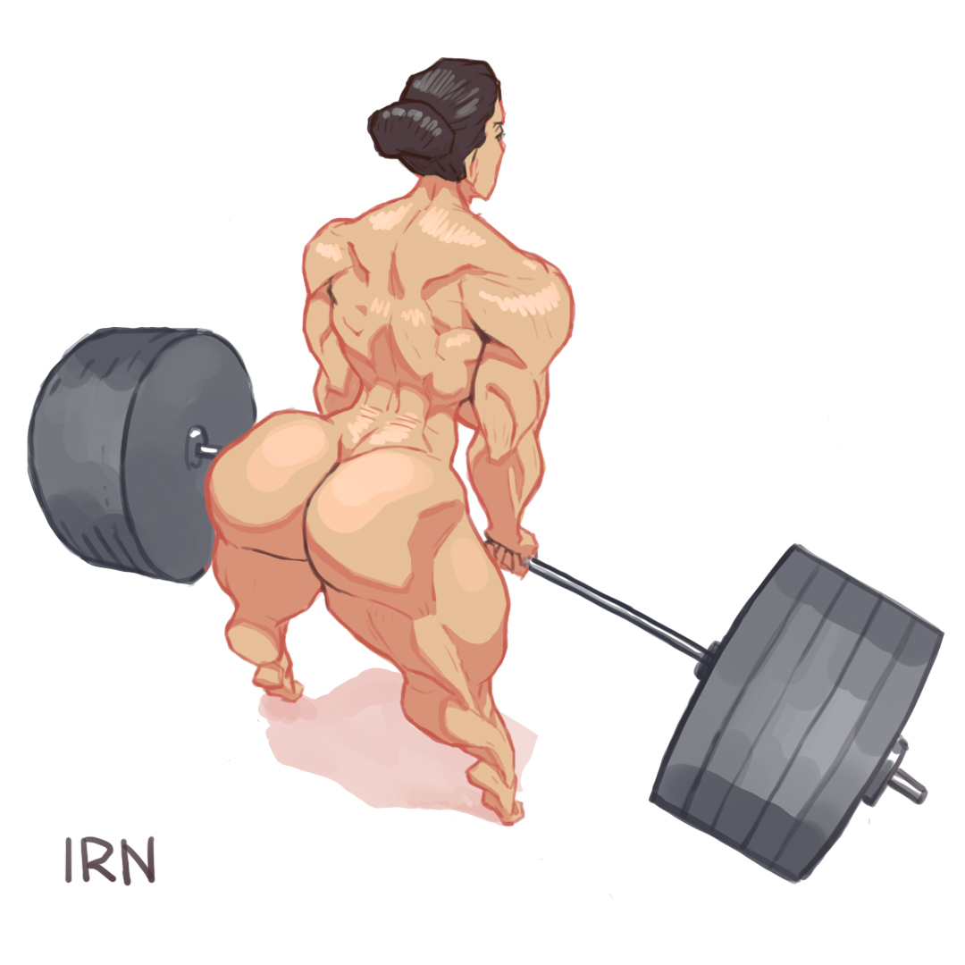 1girls, amazon, ass, back view, barefoot, big ass, breasts, dark hair, female, female only, fit, fit female, huge ass, huge breasts, iranon, muscular, muscular arms, muscular ass, muscular back, muscular butt, muscular female, muscular legs, nude, sketch, solo, thick thighs, weightlifting, workout