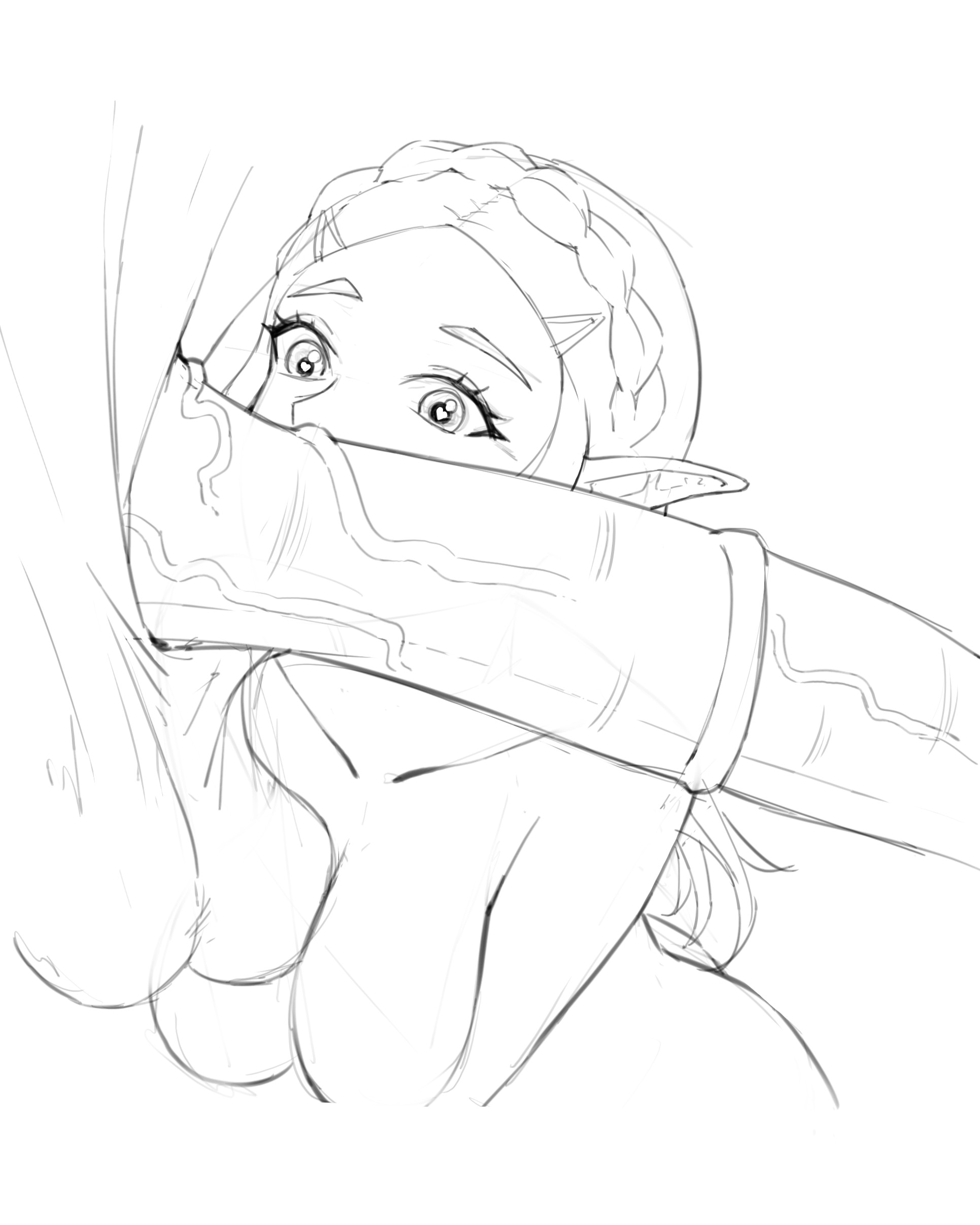 1girls, animal penis, balls, black and white, blowjob, heart eyes, highres, horse penis, horsecock, princess zelda, sketch, the legend of zelda, xssaur