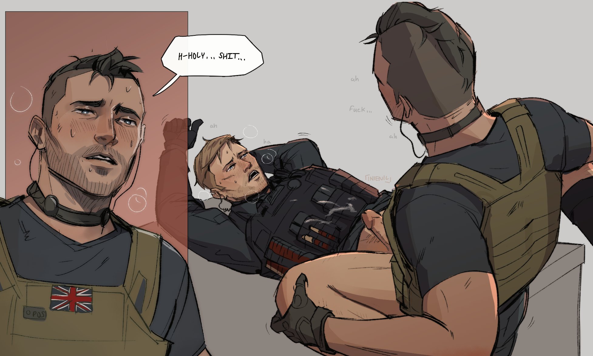 2boys, anal, anal penetration, anal sex, artist request, bara, beard, beard stubble, blonde hair, blonde-haired male, blush, blushing, breath cloud, butterfly position, call of duty, call of duty modern warfare 2 (2022), caucasian, cock, cum, cumming, dialogue, ejaculation, erection, gay, gay anal, gay sex, half-closed eyes, half-dressed, john mactavish, legs apart, male, male only, male penetrated, male penetrating, male penetrating male, male/male, military, military uniform, mohawk, mouth open, muscles, muscular, muscular male, open mouth, penetration, penis, phillip graves, scar, scar on cheek, scottish, soap (modern warfare 2), soldier, speech bubble, spread legs, sweat, sweatdrop, tactical gear, tanned, tanned skin, voluptuous, voluptuous male