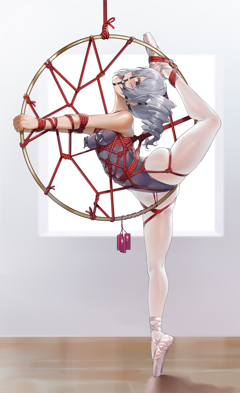 1girls, 2d, 2d (artwork), ballet shoes, ballet slippers, bdsm, blue leotard, bondage, bronya zaychik, drill hair, drill twintails, flexible, gag, ginklaga, grey eyes, grey hair, harness, harness gag, honkai impact 3rd, open mouth gag, red rope, restrained, shibari, solo, tagme, twintails, vibrator, vibrator in pussy