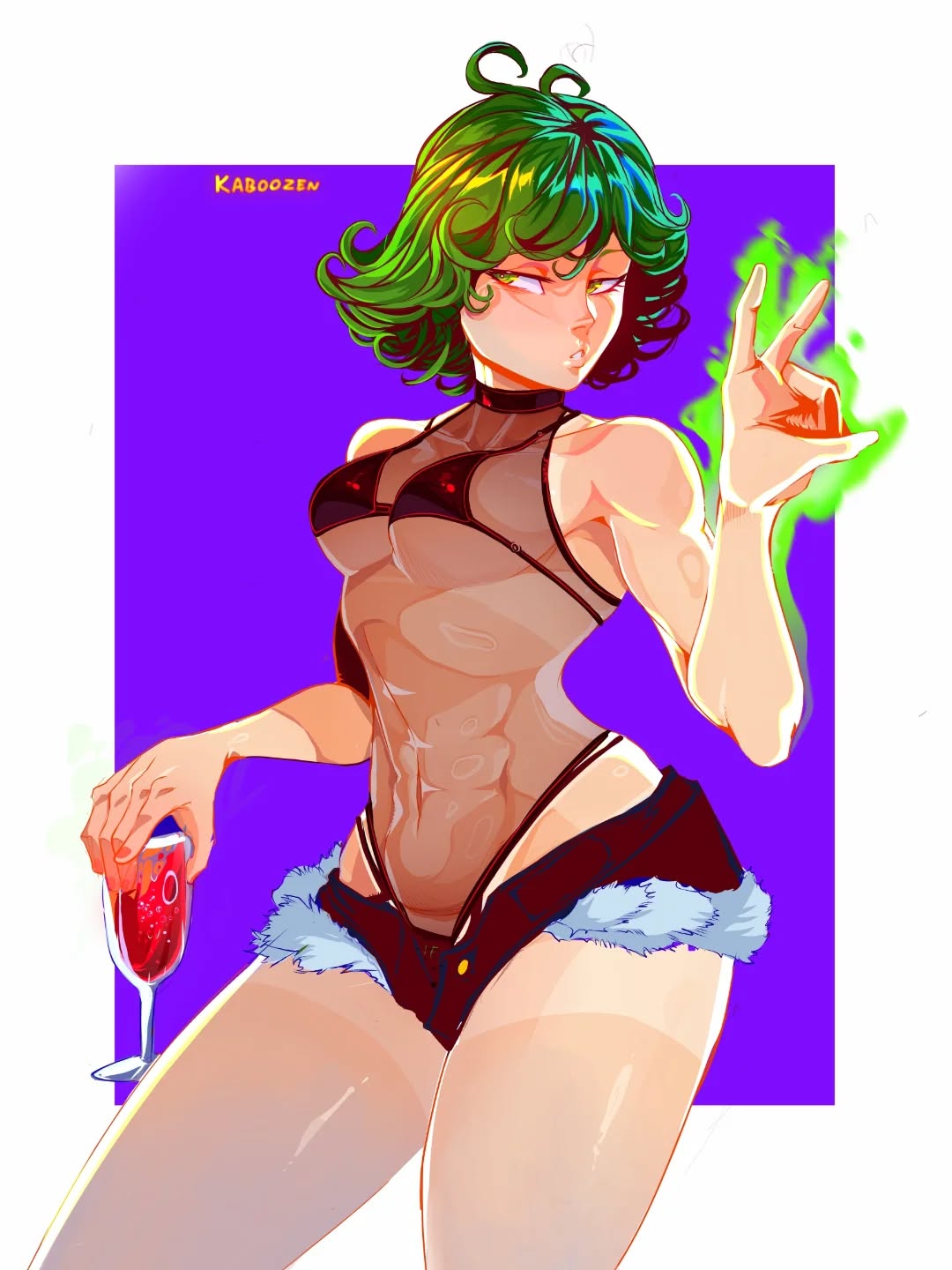 1girls, abs, alternate version available, aura, bare shoulders, big breasts, bikini, bikini bottom, bikini top, breasts, busty, curly hair, curvaceous, curvy, curvy female, curvy figure, denim, denim shorts, female, female focus, female only, green eyes, green hair, hi res, high resolution, highres, j.c. staff, jean shorts, kabozen, large breasts, light skin, light-skinned female, medium breasts, medium hair, one-punch man, shorts, skindentation, solo, solo female, solo focus, tagme, tanline, tanlines, tatsumaki, thick thighs, thighs, thong, thong straps, toned, toned arms, toned body, toned female, voluptuous, voluptuous female, wine, wine glass