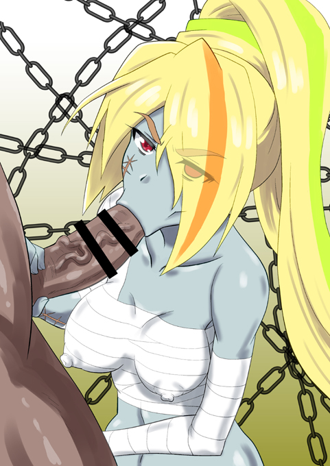 :>=, 1boy, 1girls, areolae, bar censor, big breasts, blonde hair, blowjob, breasts, censored, chains, dark skin, dark-skinned male, erect nipples, erect nipples under clothes, eyes visible through hair, fellatio, female, hair over one eye, human, male, male human/female monster, monster girl, necrophilia, nikaidou saki, nipple bulge, nipples, nipples visible through clothing, oral, penis, ponytail, red eyes, scar, straight, streaked hair, undead, veiny penis, zombie, zombie girl, zombie land saga