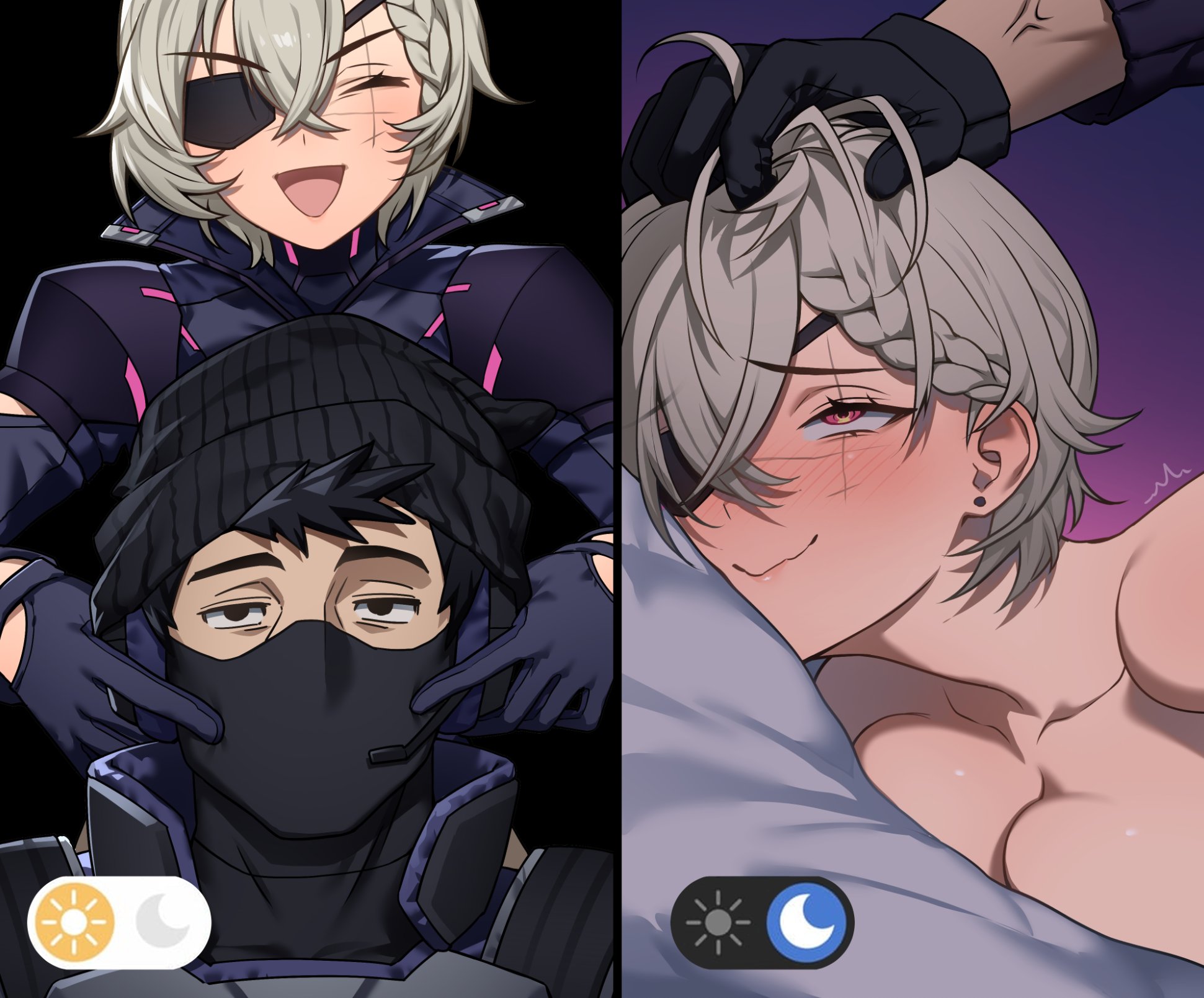 before and after, cute, cute male, day time, day vs night, domination loss, enjoying, eyepatch, happy sex, held down, implied sex, instant loss, instant loss 2koma, military uniform, saruei (vtuber), straight, tagme, tagme (artist), virtual youtuber