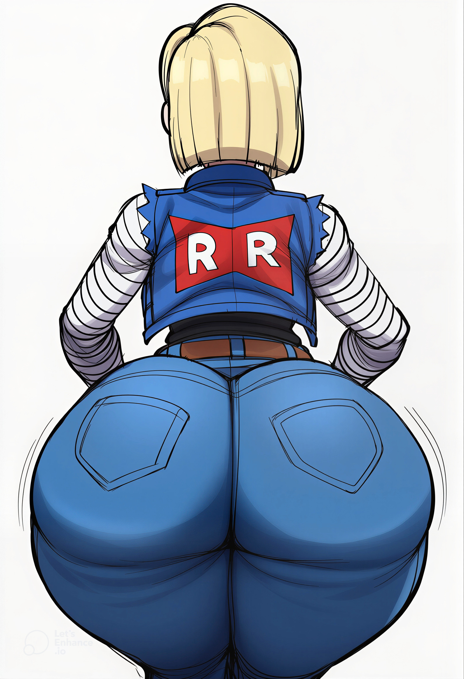 1girls, ai generated, android 18, ass, back view, big ass, big butt, brasil louco, bubble ass, bubble butt, dragon ball, dragon ball super, dragon ball z, female, female only, full body, fully clothed, milf, shueisha, simple background, solo, solo female, solo focus, toei animation, white background