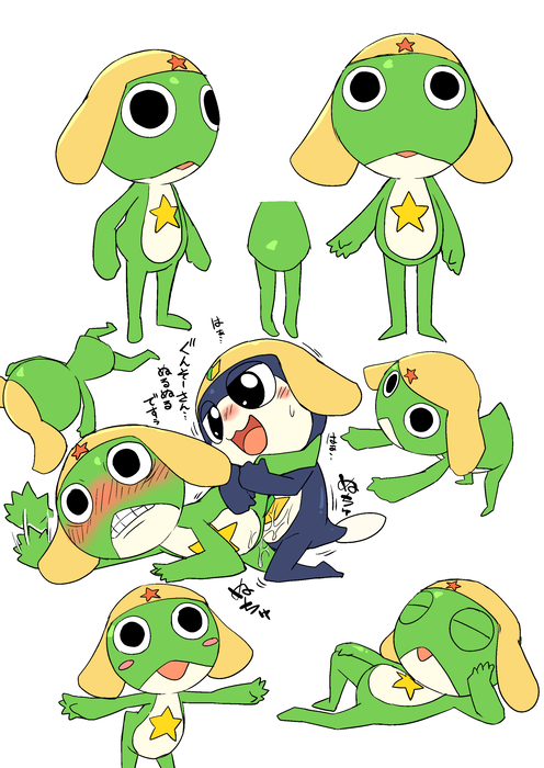 2017 ambiguous_gender anthro blush japanese_text keroro keroro_gunsou looking_at_viewer male manmosu_marimo sex simple_background standing text translation_request white_background young