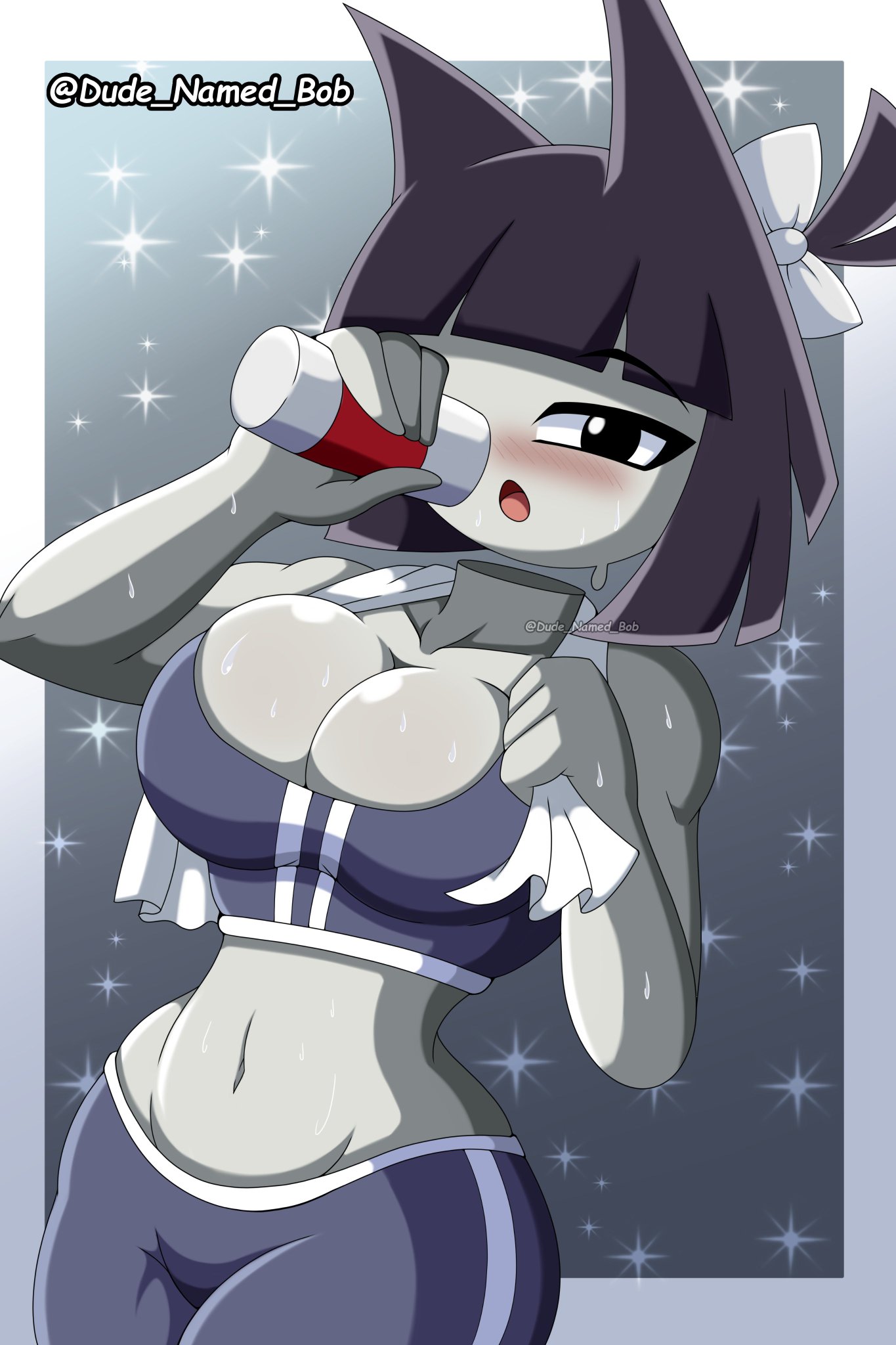 blush, breasts, clothed, clothing, dude named bob, female, female focus, female only, fundamental paper education, gym clothes, gym shorts, looking at viewer, miss bloomie (fundamental paper education), solo, solo female, solo focus, sweat, sweatdrop, towel around neck