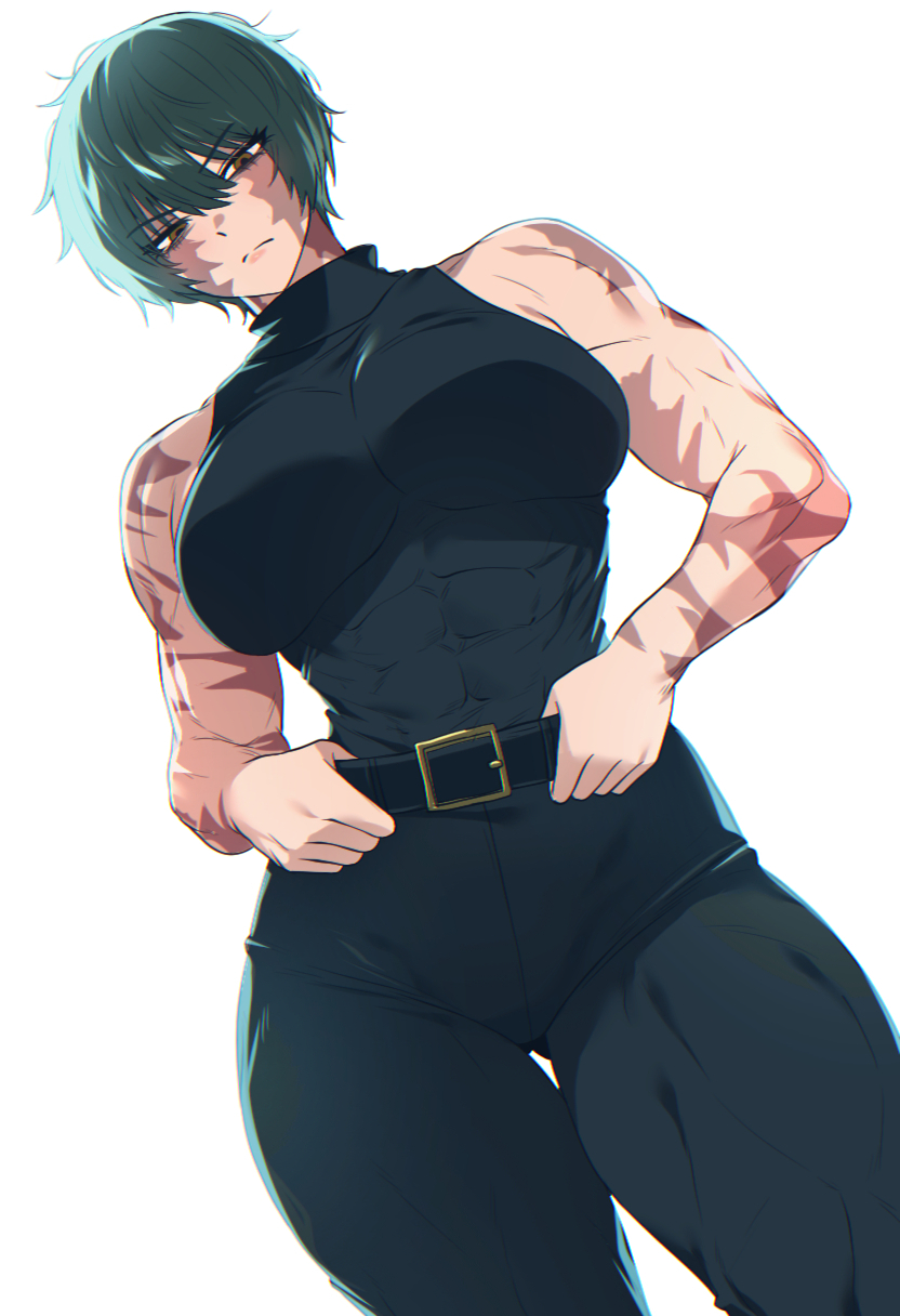 1girls, abs, bare shoulders, belt, black belt, black pants, black skirt, breasts, brown eyes, burn scar, facial scar, green hair, green-haired female, highres, jujutsu kaisen, large breasts, looking down, maki zenin, muscular, muscular female, muscular thighs, pants, scar, scar on face, scars, shirt, short hair, simple background, sleeveless, solo, solo female, spoiledmuffin, thighs, tomboy, white background, zenin maki