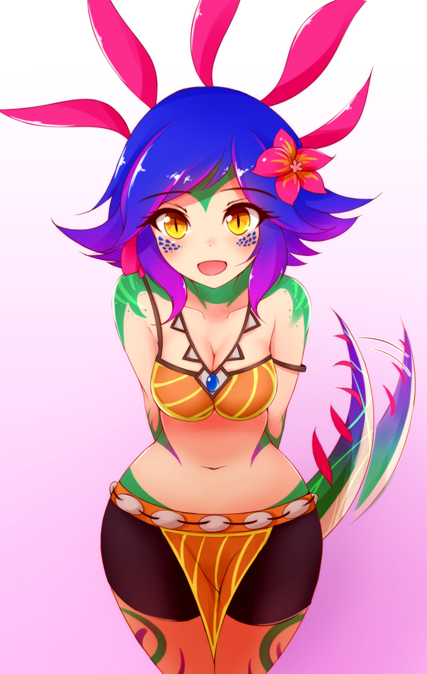 1girls, ayatori, breasts, cleavage, cute, eye contact, female, happy, league of legends, lizard girl, looking at viewer, navel, neeko, riot games, short shorts, smile, smiling, tail, wide hips