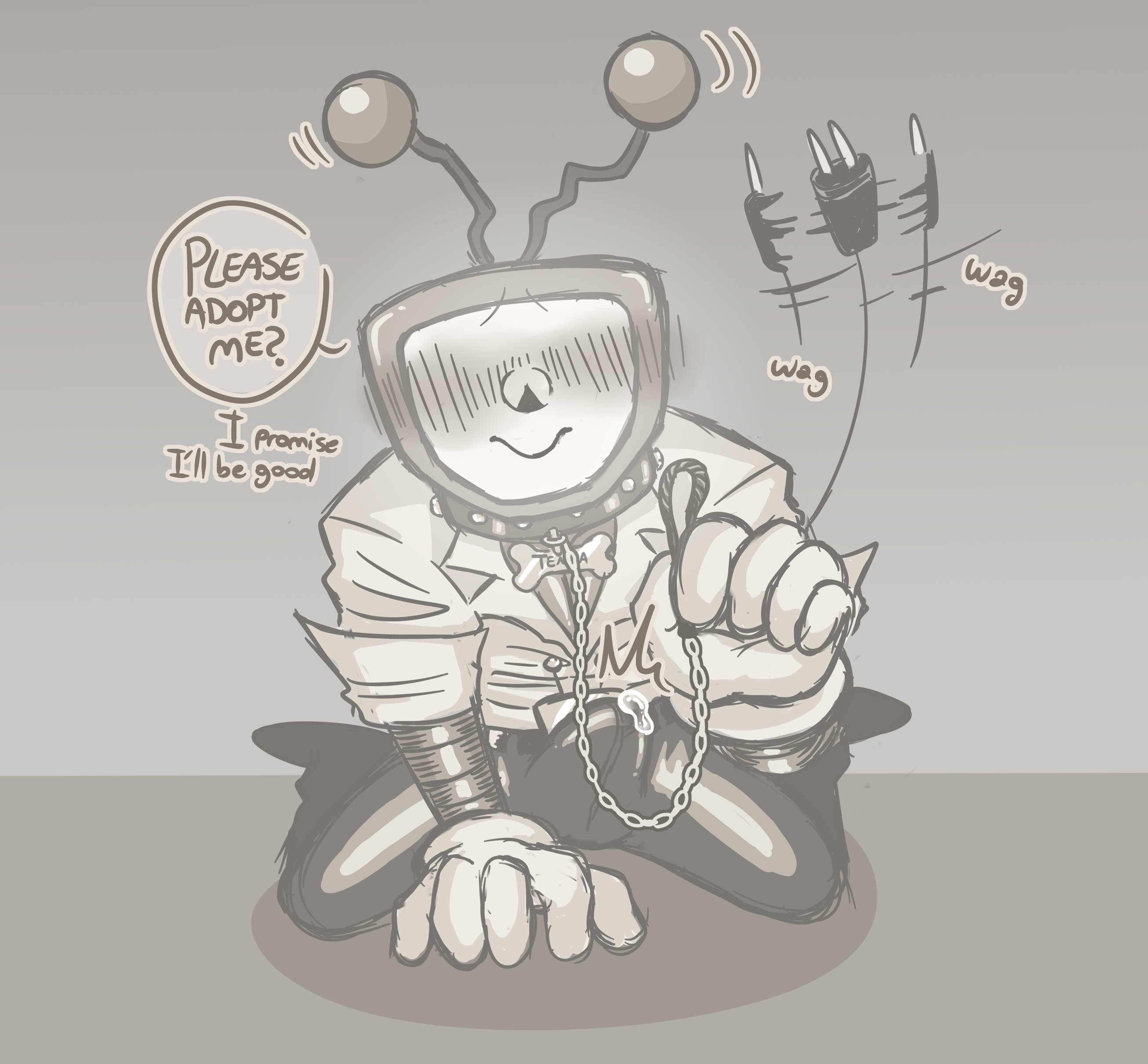 antennae (anatomy), blush, boner, boner in pants, boner under clothes, collar, deltarune, deltarune chapter 3, erection, erection under clothes, erection under clothing, gloved hands, kneeling, leash, leash and collar, letttusse, male, name tag, object head, on knees, petplay, pout, precum, precum bubble, precum through clothing, puppyplay, robot humanoid, submissive, submissive male, tail, tailwag, tenna (deltarune), text, text bubble, tv head, wagging tail