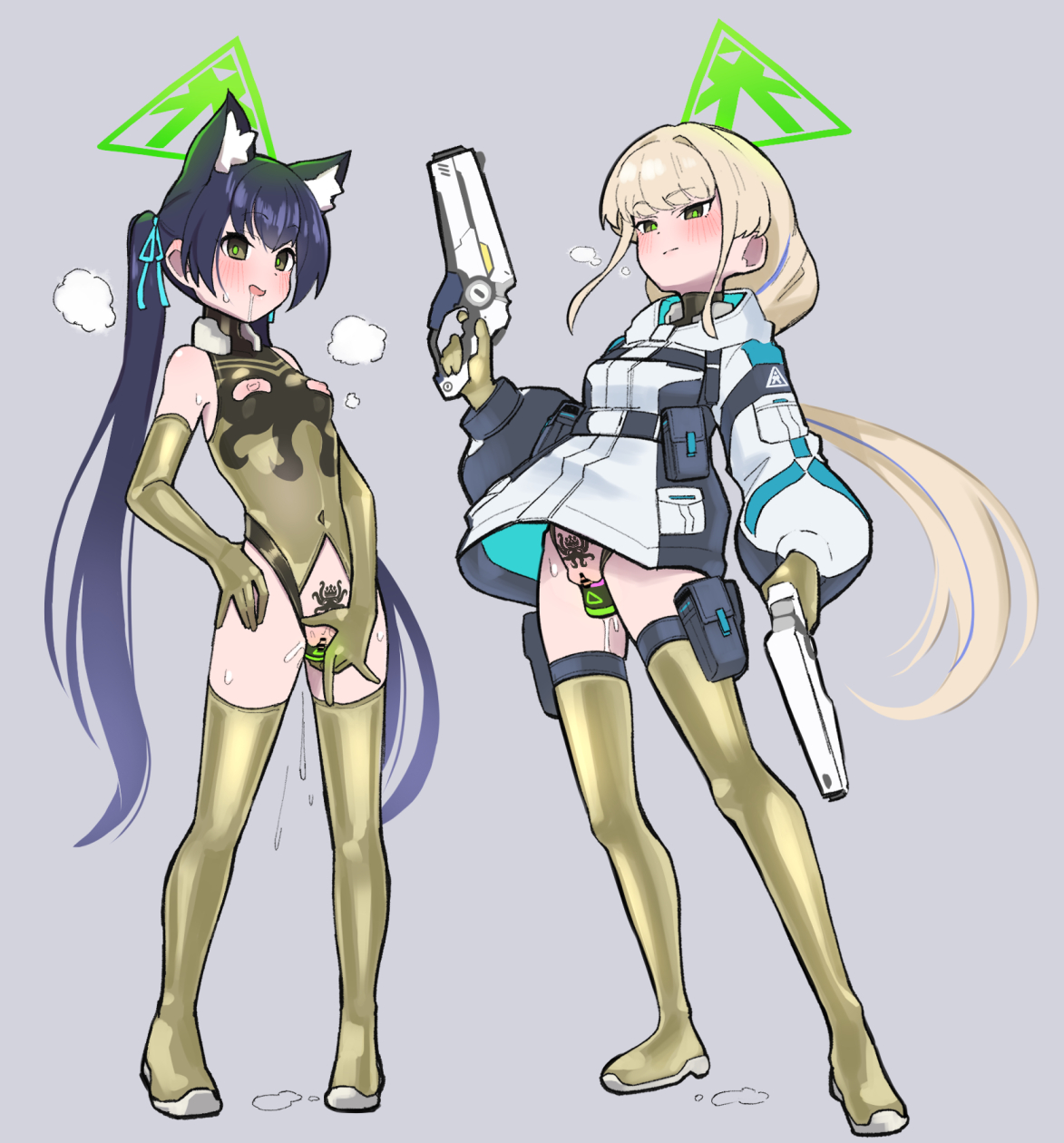 2girls, blue archive, brainwashing, branding mark, breasts, cat ears, cat girl, catgirl, corruption, enemy conversion, female, halo, kaiser pmc (blue archive), kitasshi, leotard, pubic tattoo, serika (blue archive), sex toy, tagme, tattoo, toki (blue archive), transforming into combatant, twintails