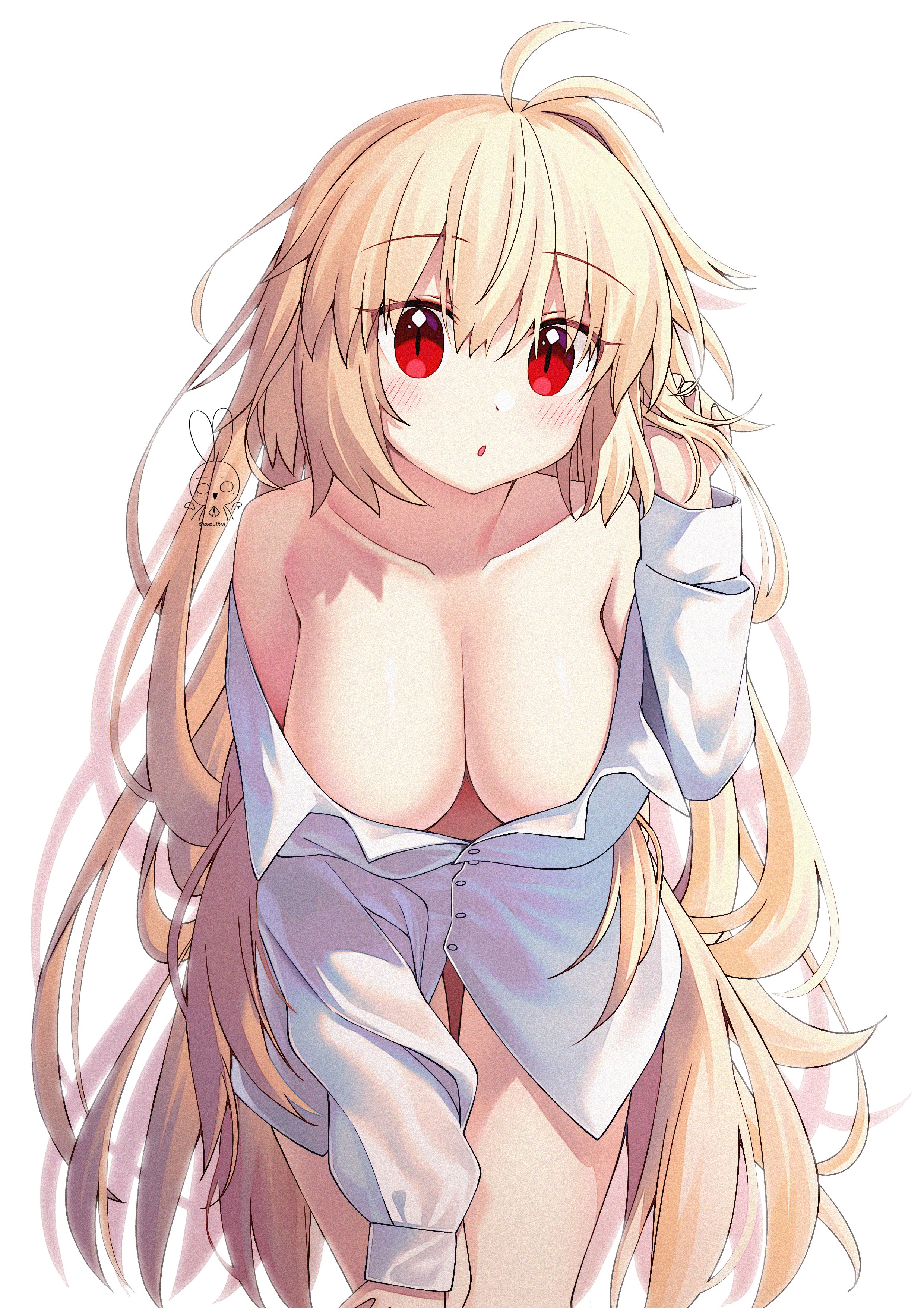 :o, absurdres, antenna hair, archetype earth, arcueid brunestud, aro 1801, artist name, bare shoulders, blonde hair, blush, breasts, buttons, collarbone, commentary request, female, hair between eyes, highres, large breasts, long hair, long sleeves, looking at viewer, naked shirt, off shoulder, red eyes, shirt, simple background, single hair intake, solo, tsukihime, very long hair, white background, white shirt