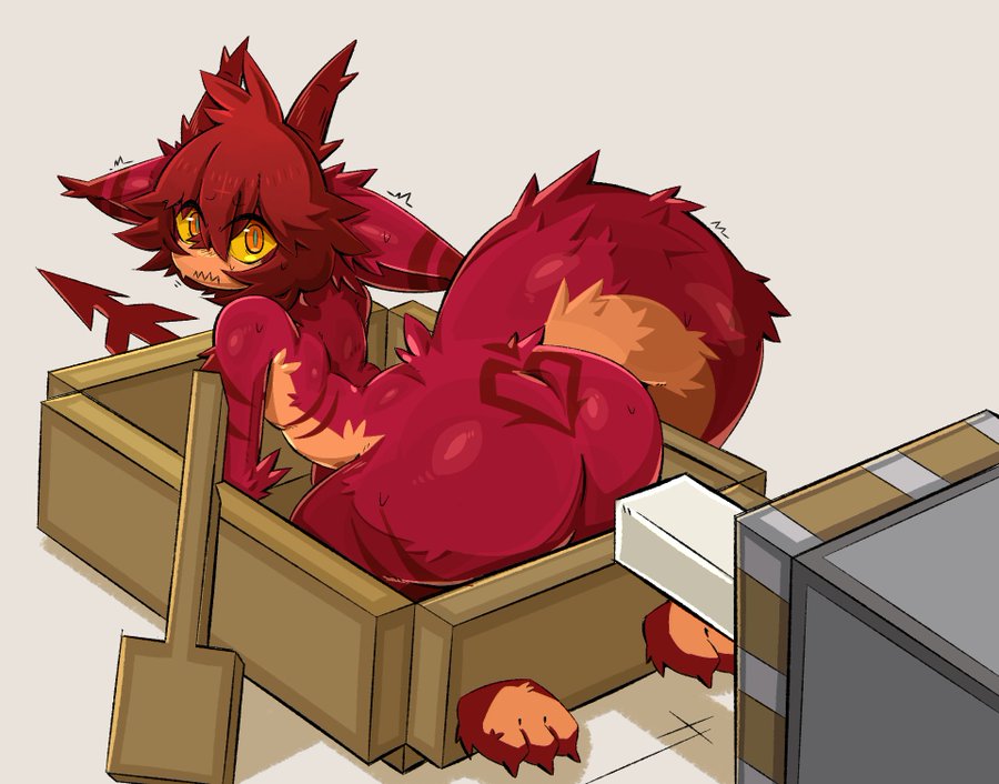 1boy, anthro, big ass, boat, end rod, furry, gaogomon, gaogomon (oc), gomon, looking at viewer, minecraft sheep fucker machine, nervous, piston (minecraft), red fur, red hair