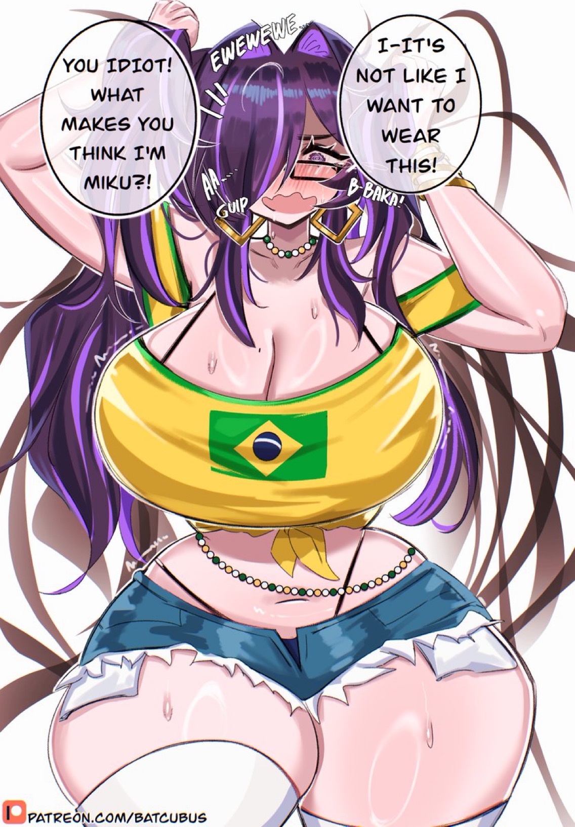 1girls, angry, ass visible through thighs, batcubus, blush, brazilian miku, brazilian miku (cosplay), breasts, curvy, dialogue, embarrassed, english text, full-face blush, gigantic ass, gigantic breasts, gigantic thighs, goddess of victory: nikke, hyper, hyper hourglass, label (nikke), large breasts, light skin, light-skinned female, narrow waist, open mouth, shouting, speech bubble, text, thick thighs, thighs, voluptuous, wide hips