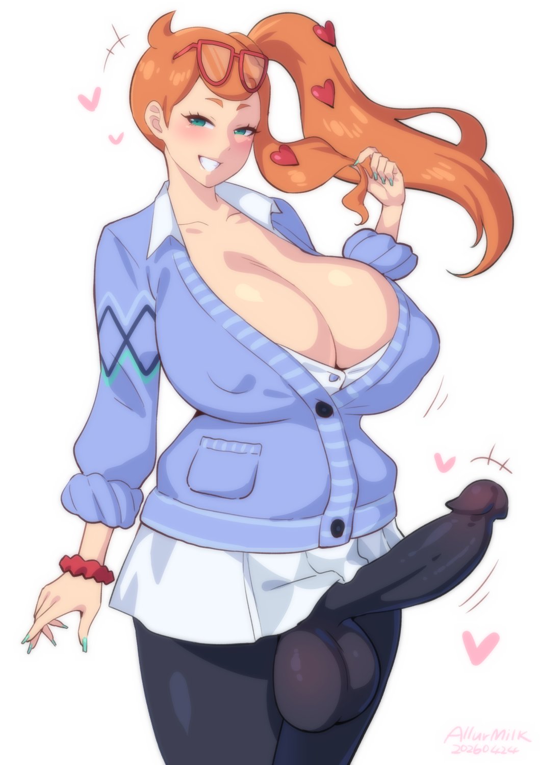 1futa, 2d, allurmilk, better version at source, breasts, breasts bigger than torso, clothed, erection, erection under clothing, futa only, futanari, game freak, glasses, green eyes, nintendo, orange hair, penis, png version available, pokemon, pokemon masters, pokemon ss, side ponytail, smile, solo, solo futa, sonia (academy) (pokemon masters), sonia (pokemon), testicles, zheng