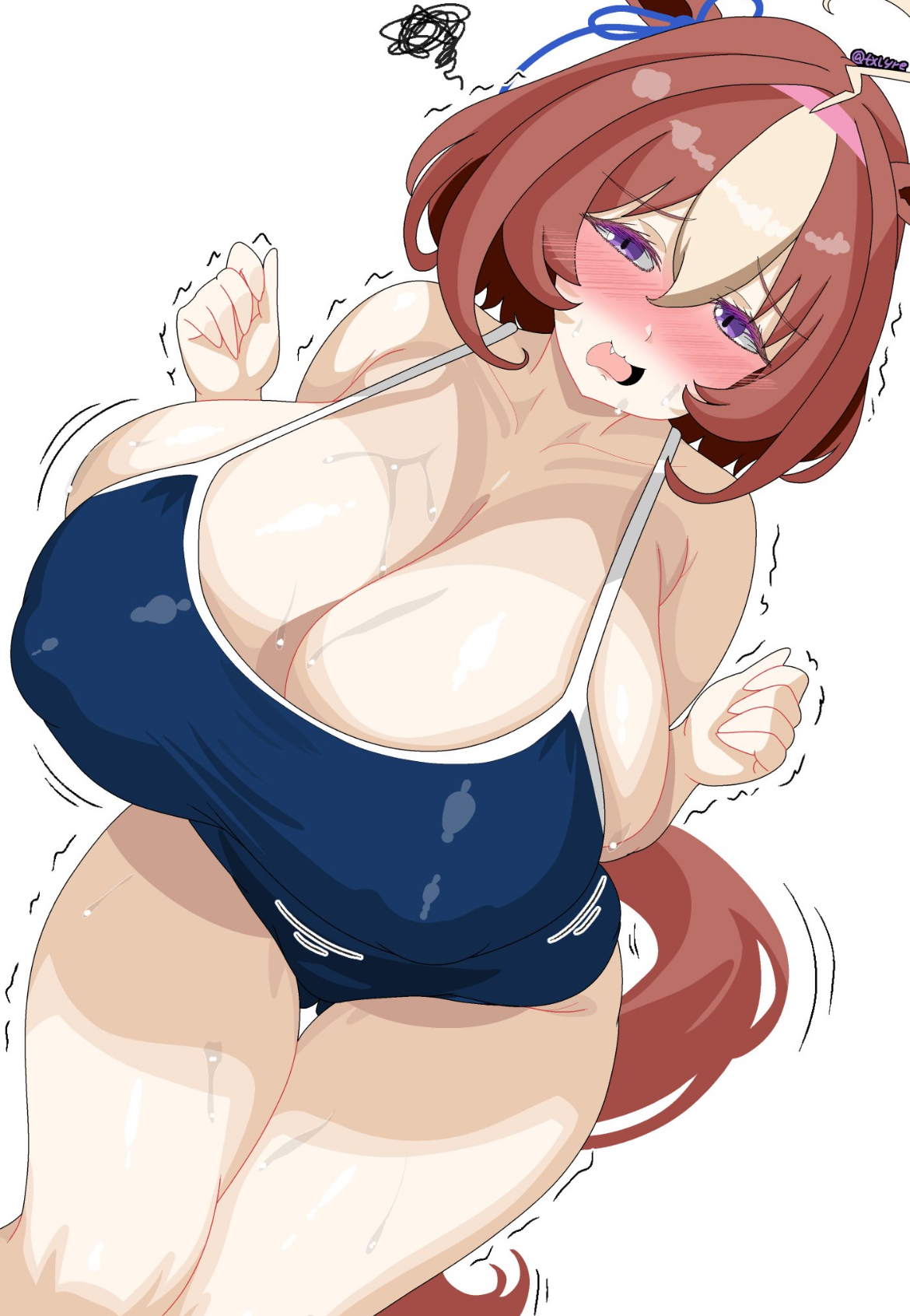 big breasts, blush, breasts, breasts bigger than head, breasts bigger than torso, brown hair, busty, busty female, cleavage, cleavage overflow, embarrassed exposed female, female, female focus, female only, flustered, flustered female, hips, horse, horse ears, horse girl, horse tail, huge breasts, legs together, looking at viewer, meisho doto (umamusume), mommy milkers, nipple bulge, open mouth, oppai, pale-skinned female, purple eyes, short hair, shy, shy female, solo, solo female, solo focus, swimsuit, txlyre, umamusume, umamusume pretty derby, water on breasts, water on thighs, wide hips, wide thighs