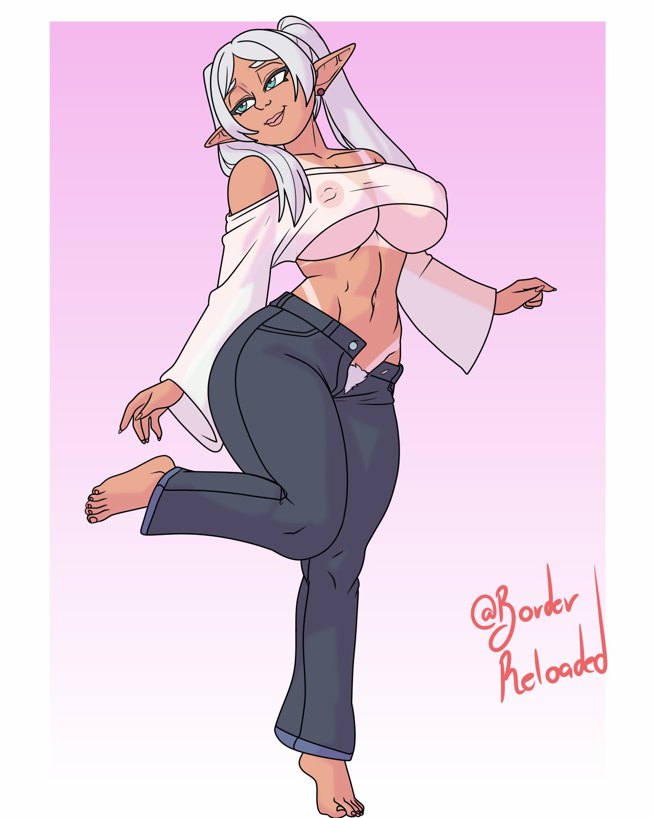 2d, barefoot, borderreloaded, busty, elf, elf ears, elf female, elf girl, female, female focus, female only, frieren, frieren beyond journey's end, full body, hourglass figure, light skin, light-skinned female, long hair, pointy ears, pubes, pubic hair, pubic hair peek, skimpy, skimpy clothes, tagme, tan, tan body, tan skin, tan skinned female, tanline, twintails, white hair, wide hips