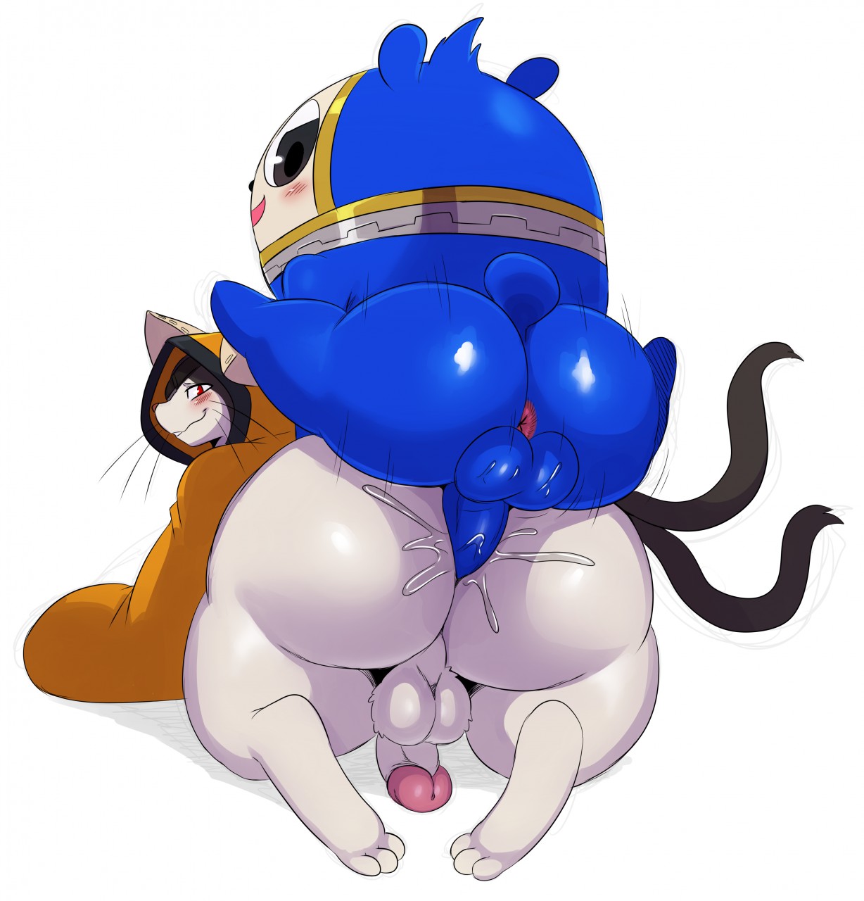 2boys, all fours, anal, anal sex, anthro, anthro on anthro, anus, arc system works, ass, atlus, balls, barefoot, bear, big ass, big butt, blazblue, blazblue: cross tag battle, blush, boner, bottomless, bubble ass, bubble butt, clothed, clothing, crossover, domestic cat, erection, felid, feline, felis, from behind position, gay, humanoid penis, jubei (blazblue), looking at viewer, looking back, male, male only, mammal, megami tensei, nude, open mouth, penetration, penis, persona, persona 4, persona 4 arena, presenting, presenting anus, presenting hindquarters, sex, smile, sssonic2, teddie, thick thighs, ursid, video games, whiskers, yaoi