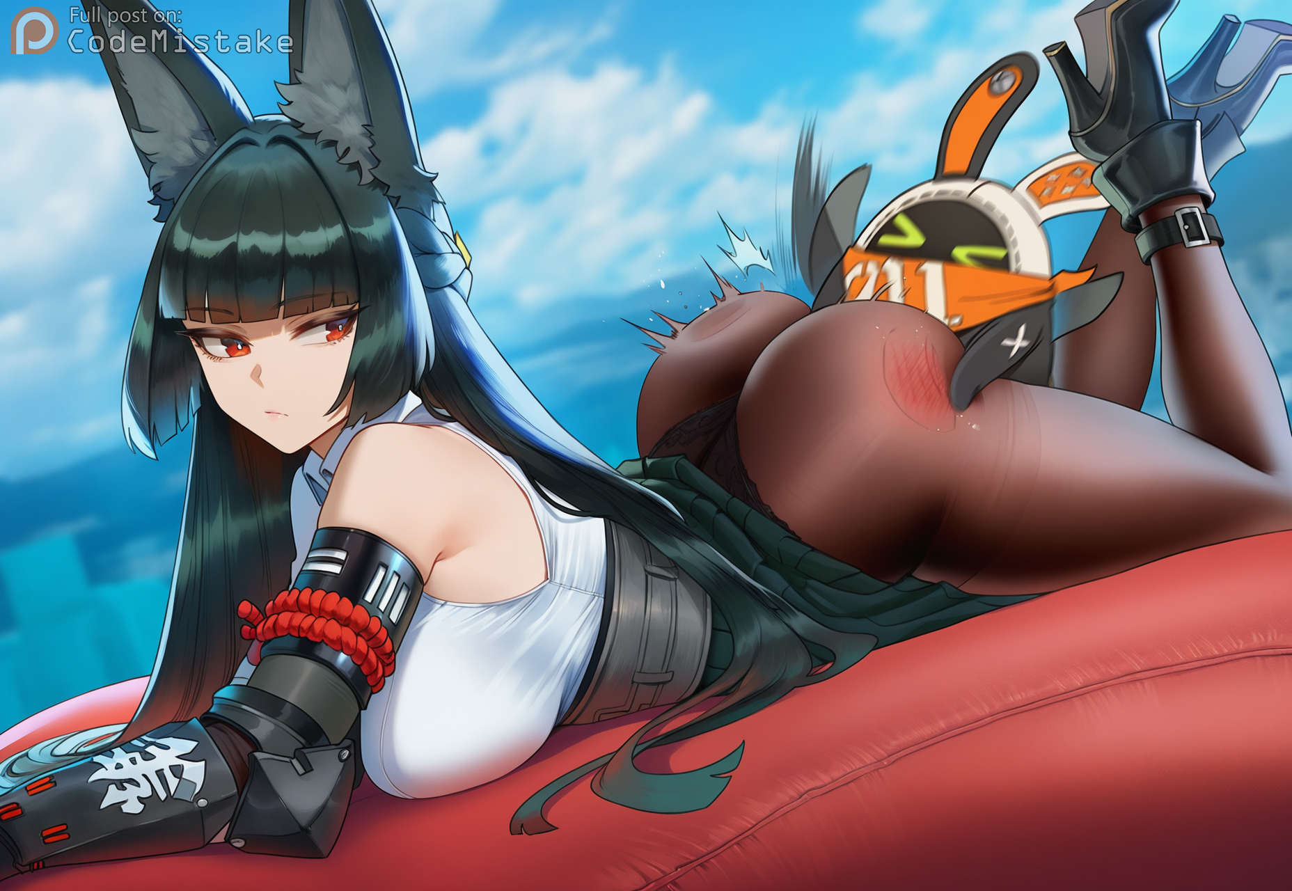 1other, ai generated, animal ears, ass, black hair, breast press, codemistake, eous (zenless zone zero), expressionless, female, high heel boots, hoshimi miyabi, looking back, panties under pantyhose, pantyhose, patreon, patreon link, patreon logo, patreon url, patreon username, red eyes, skirt lift, spanking, zenless zone zero