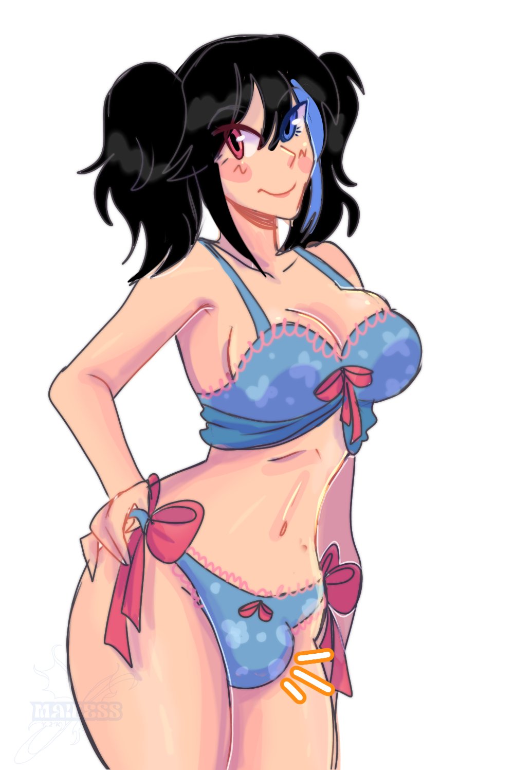 1other, balls in panties, black hair, blue hair, breasts, bulge, bulge through clothing, canon intersex, futanari, hand on hip, heterochromia, intersex, mailessy2k, ruko yokune, solo, solo futa, twintails, two-tone hair, utau, utauloid