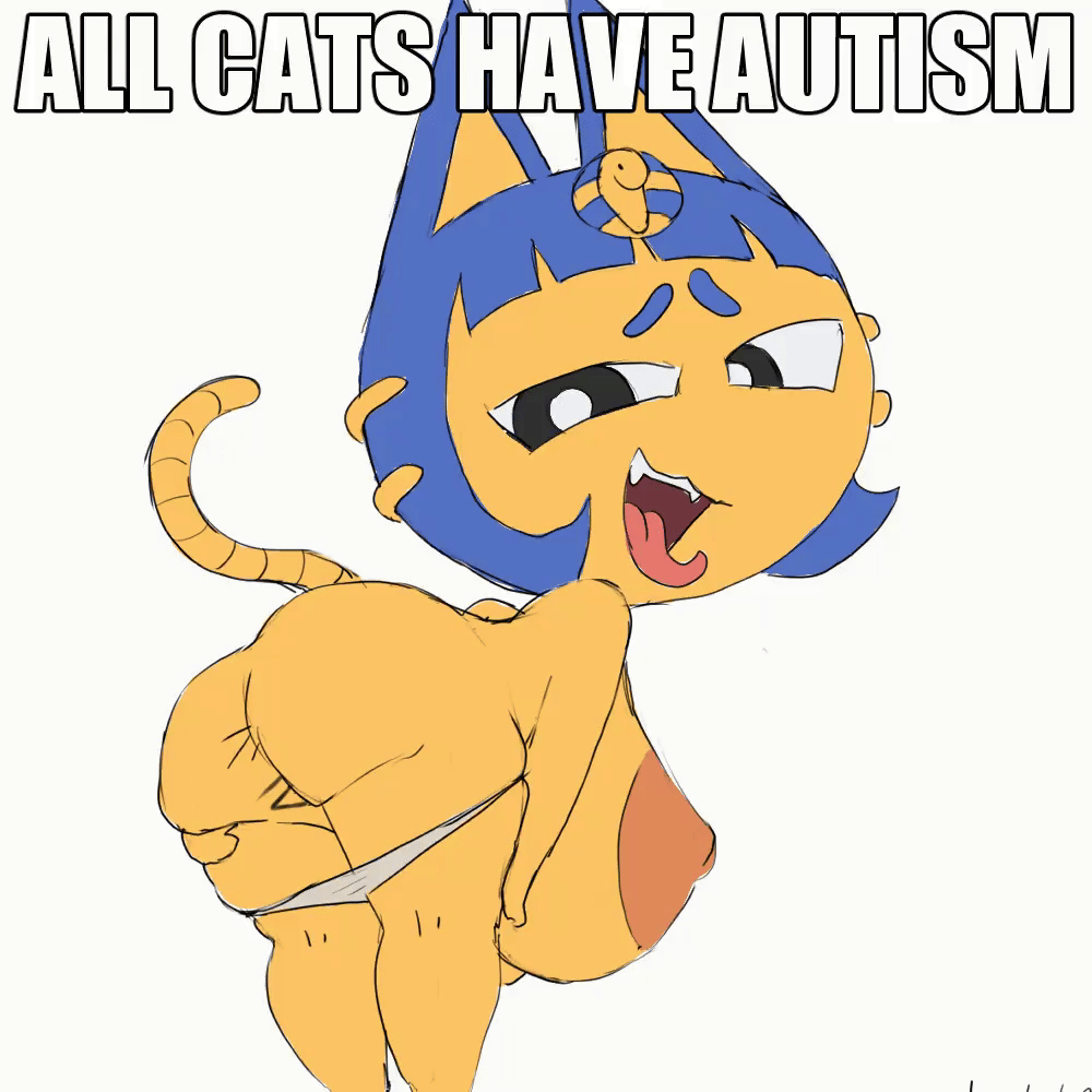 1girls, andyxtal, animal crossing, animated, ankha, anthro, anus, ass, big ass, big breasts, blue hair, bouncing butt, cat ears, cat tail, female, furry, huge ass, huge breasts, large breasts, looking back, nintendo, nude, open mouth, panties down, shaking ass, shaking butt, tail, text, tongue out, twerking, yellow fur