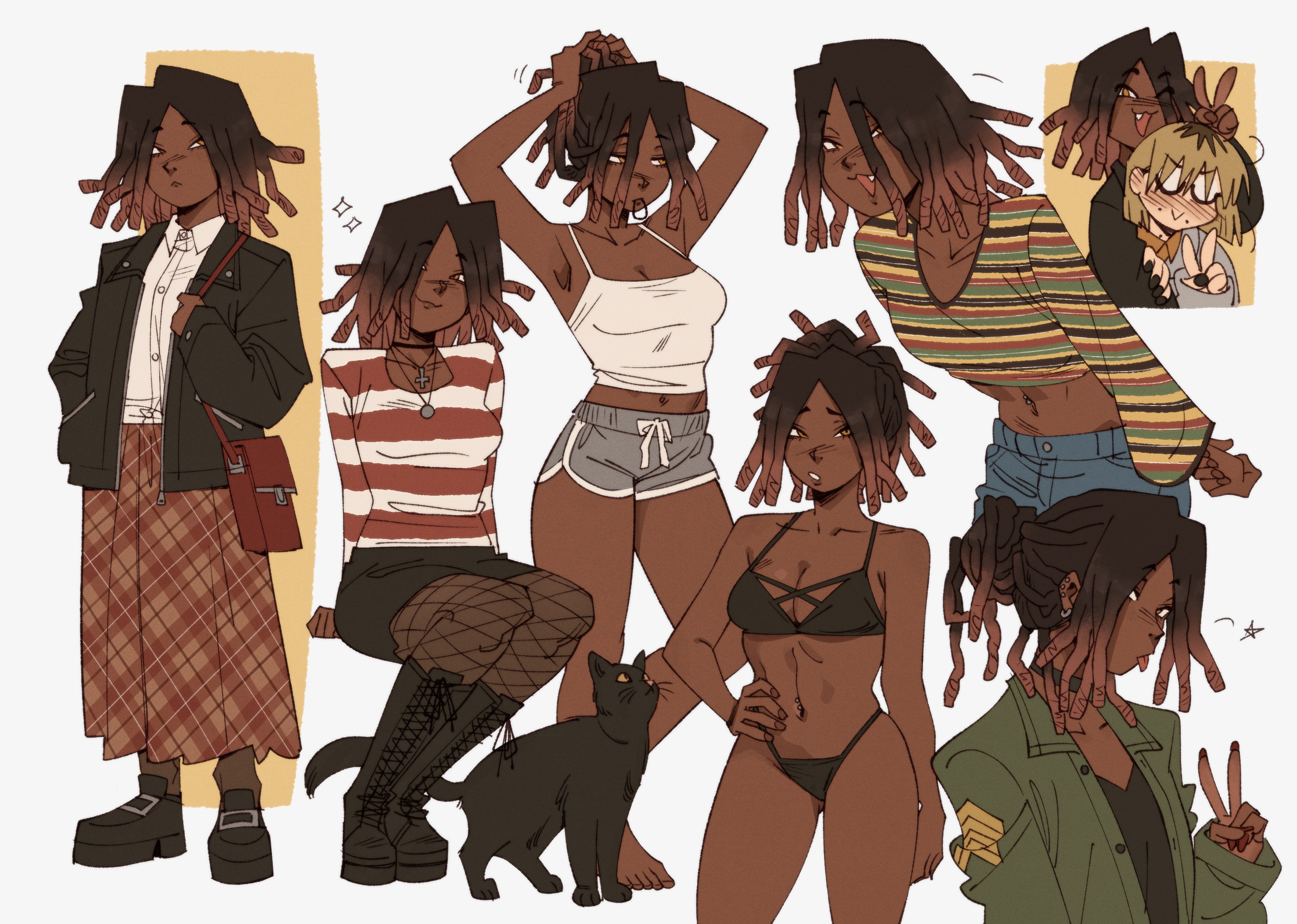 2girls, african female, afro, armpits, arms up, bikini, black body, black cat, black hair, boots, cat, collage, dark skin, dark-skinned female, dreadlocks, dreads, female, female focus, female only, fishnet legwear, fishnets, kinky hair, maxidango, nappy hair, navel, tank top
