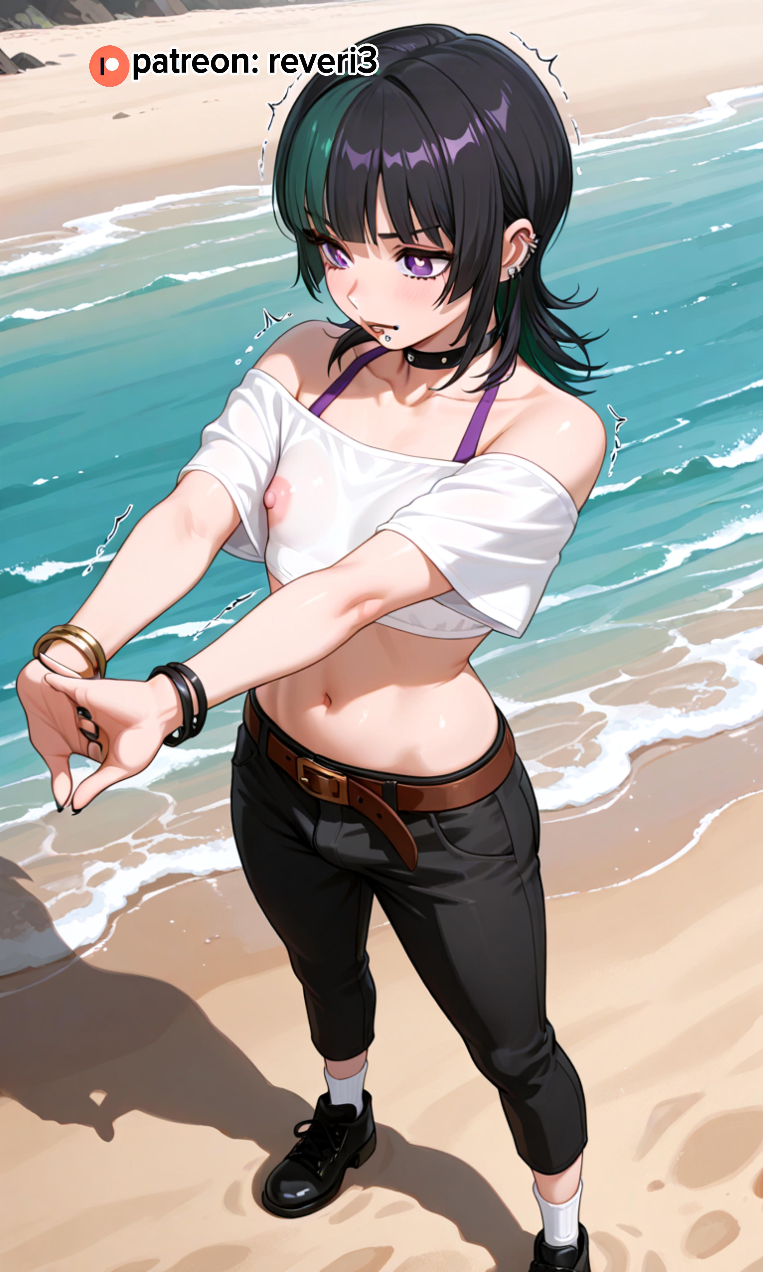 1boy, 1guy, ai, ai art, ai generated, areola, armpit, armpit crease, armpit fetish, armpits, artificial intelligence, bangs, beach, black hair, braless, covered nipples, crop top, crossdressing, exhibition, exhibitionism, exhibitionist, femboy, flat chest, gay, gay male, green hair, hoshi kirara, jujutsu kaisen, long hair, nipples, no bra, off shoulder, otoko no ko, outdoors, patreon, petite, public, public indecency, public nudity, purple eyes, purple hair, reveri3, see through, see through shirt, see-through clothes, see-through clothing, sidelocks, sissy, small boobs, small breasts, small tits, small titties, solo, standing, stomach, tomgirl, trap, twink