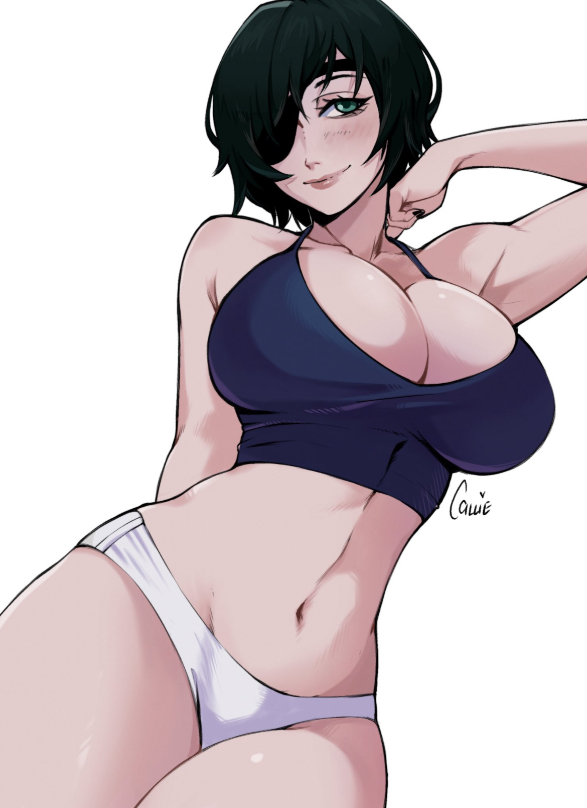 armpit peek, belly, big breasts, big thighs, black hair, chainsaw man, cleavage, cleavage overflow, colored version, cropped shirt, curves, curvy, curvy female, cute, cute face, eyepatch, female, female focus, female only, green eyes, hand behind back, hand on neck, himeno (chainsaw man), hips, juicy lips, legs together, meloncallie11, midriff, pale-skinned female, panties, sexy, sexy body, shirt, shirt and panties, short hair, solo, solo female, solo focus, thick thighs, tummy, wide hips, wide thighs