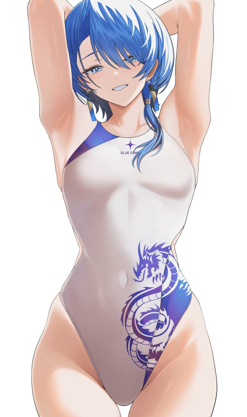 1girls, armpits, bare arms, bare legs, blue eyes, blue hair, curvy, female, front view, hololive, hololive japan, hoshimachi suisei, leotard, looking at viewer, navel visible through clothes, one-piece swimsuit, short hair, si farid, side cutout, small breasts, virtual youtuber, vtuber