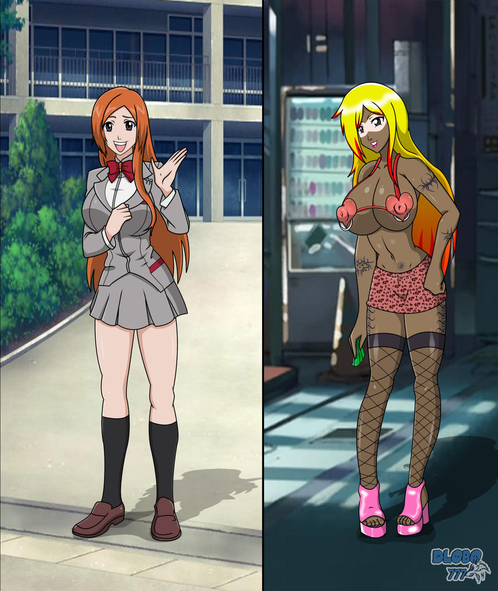 big breasts, bikini, bimbofication, bleach, blonde hair, digital media (artwork), dlobo777, embarrassed, embarrassed female, english text, gyaru, gyaru gal, gyarufication, gyarufied, hair color change, hard nipples, hearts around head, inoue orihime, large breasts, lipstick, miniskirt, money, night sky, nipple bulge, nipple piercing, nipple piercings, nipple piercings under clothes, nipples, nipples visible through clothing, orange hair, pierced nipples, piercing, piercings, pink lipstick, prostitute, prostitute clothes, prostitution, school uniform, sexy, skimpy bikini, skimpy clothes, skin color change, slutification, smile, tan body, tan skin, tanline, tanned, tanned female, tanned skin, tattoo, tattoo on arm, tattoo on legs, tattooed arm, tattoos, upskirt, waving, waving at viewer