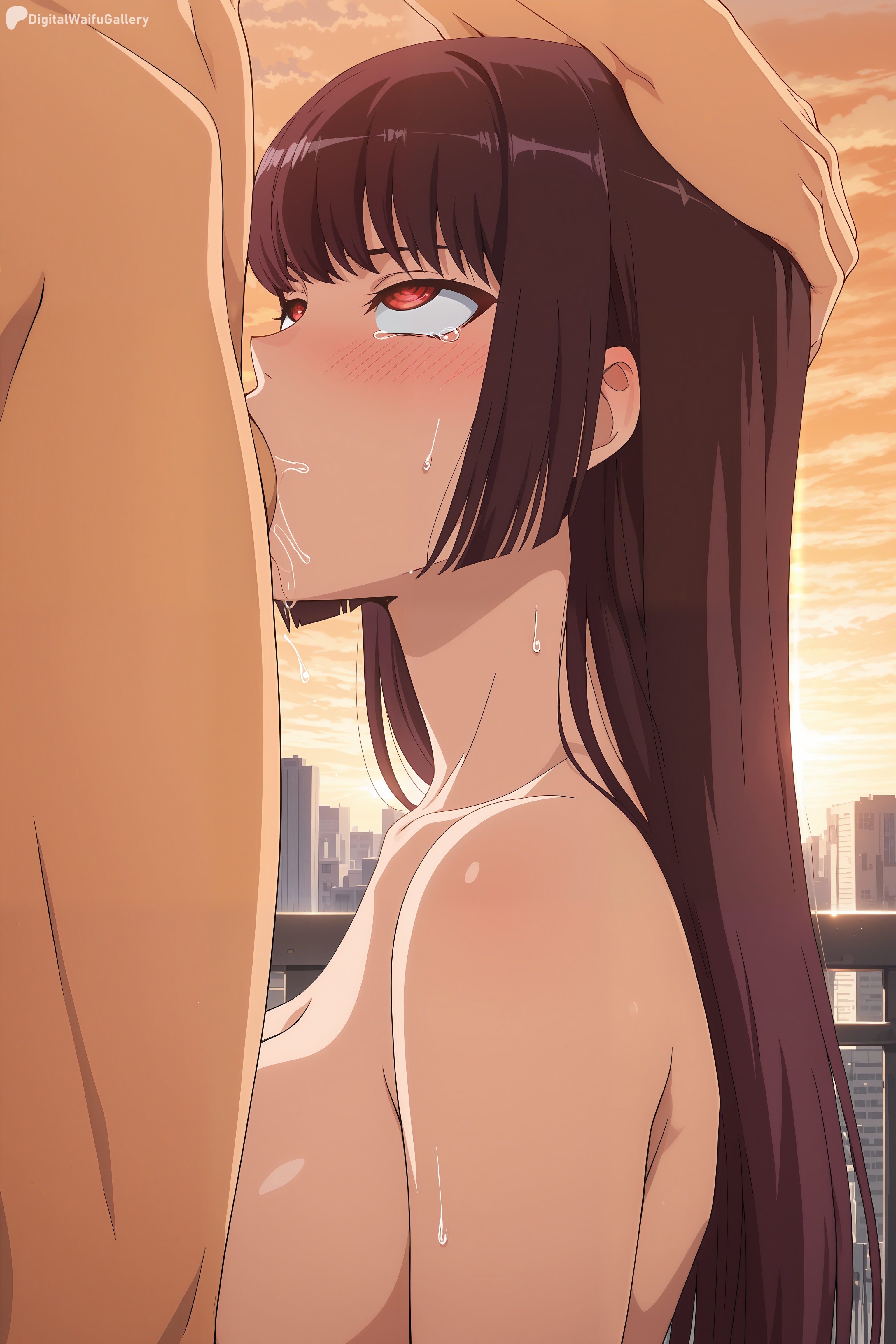1boy, ai generated, all the way to the base, bangs, blunt bangs, blush, breasts, brown hair, deepthroat, digitalwaifugallery, eyes watering, fellatio, female, hand on another's head, hi res, high quality, high resolution, holding head, large breasts, long hair, nude, oral, patreon, penis, please don't bully me, nagatoro, red eyes, rough oral, sana sunomiya, seductive, sexy, solo focus, straight, sunset, throat fuck, uncensored, upper body, water, watermark, wet