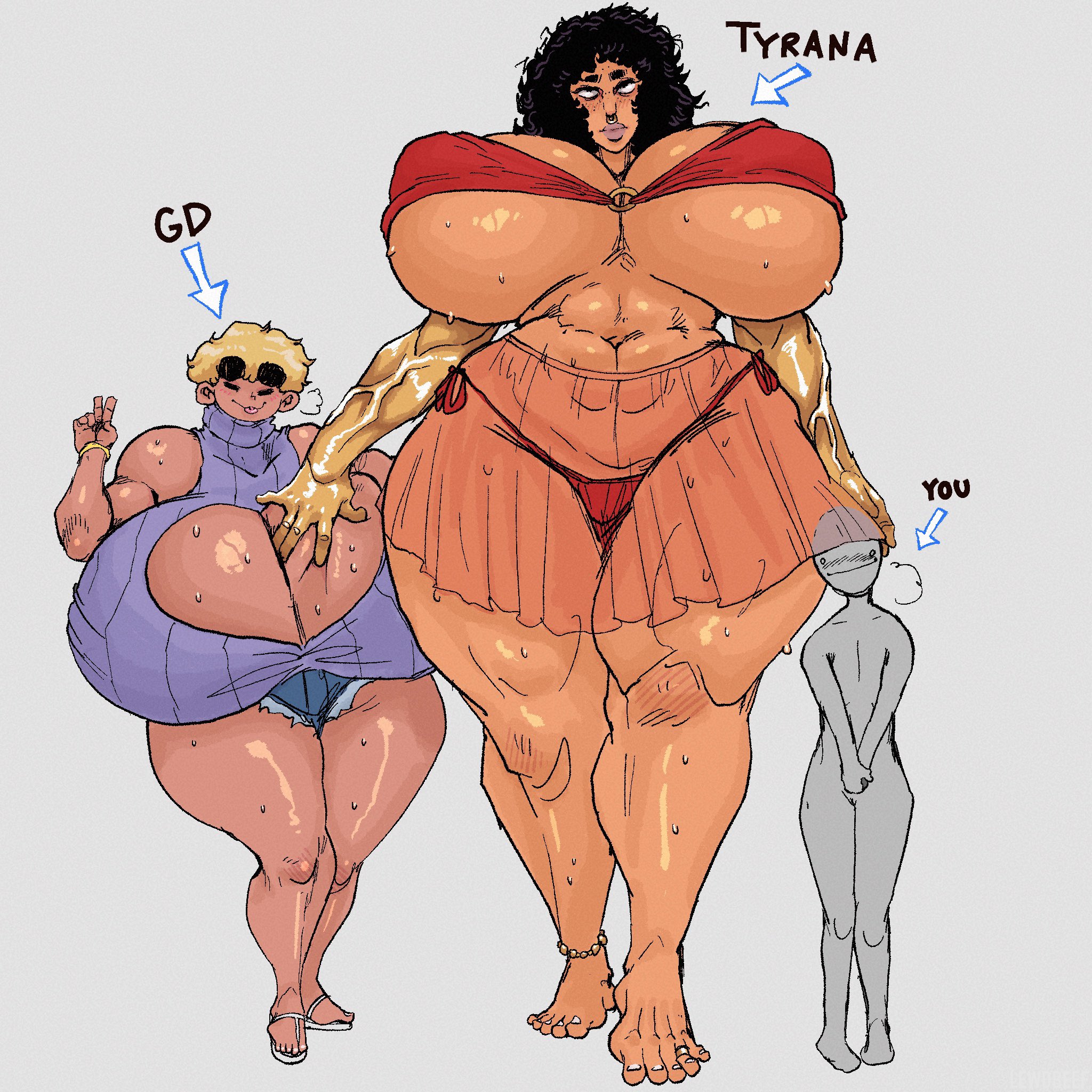 abs, barefoot, black hair, blonde hair, cleavage cutout, closed eyes smile, cutoffs, dark-skinned female, full body, gd (lewdbeef), gigantic breasts, height difference, lewdbeef, looking at viewer, muscular arms, muscular legs, see-through, see-through clothing, see-through skirt, short hair, standing, sweat, tall female, taller female, thick thighs, turtleneck, turtleneck sweater, tyrana (lewdbeef), wide hips