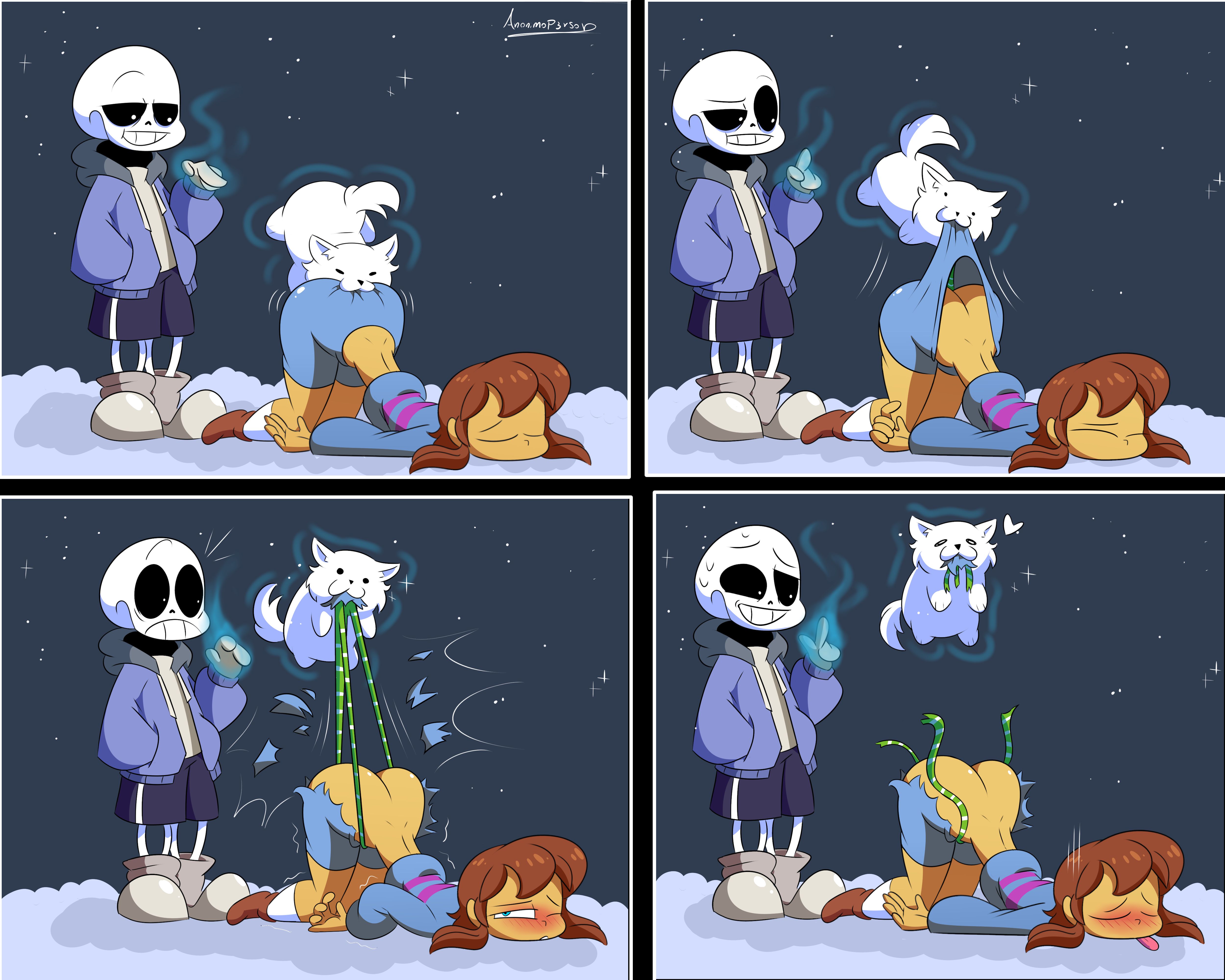 annoying dog (undertale), anonimop3rson, bubble butt, female frisk, frisk, humiliation, sans, undertale, wedgie