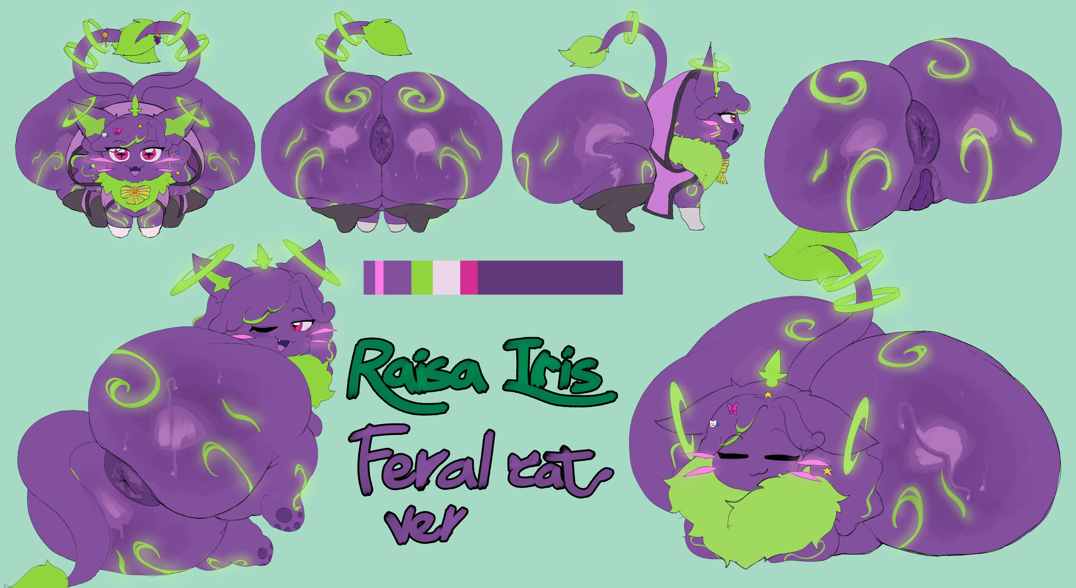 2d, 2d (artwork), anus, ass, ass bigger than head, ass focus, big ass, big butt, cat ears, clothed, clothing, donut anus, exposed anus, exposed pussy, fat ass feral, feline, female, feral, gigantic ass, gigantic butt, green fur, green glow, hoodie, huge ass, huge butt, motylek, paw beans, paws, pink eyes, purple fur, reference image, short, simple background, tail, thigh highs, vagina, whiskers