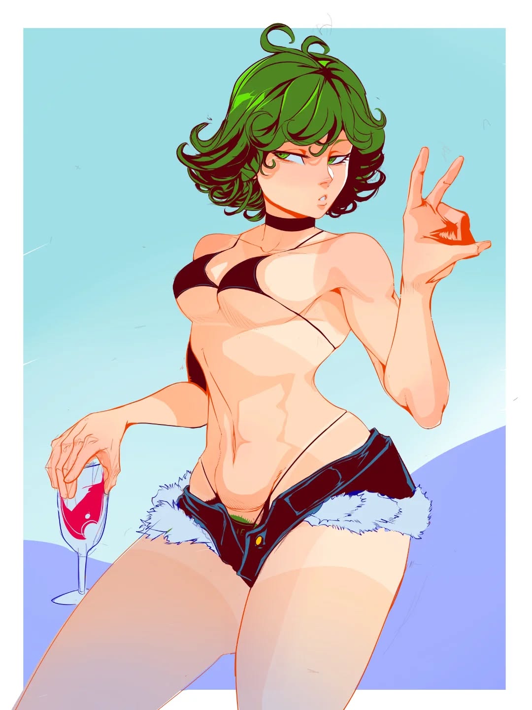 1girls, abs, alternate version available, bare shoulders, big breasts, bikini, bikini bottom, bikini top, breasts, busty, curly hair, curvaceous, curvy, curvy female, curvy figure, denim, denim shorts, female, female focus, female only, green eyes, green hair, hi res, high resolution, highres, j.c. staff, jean shorts, kabozen, large breasts, light skin, light-skinned female, medium breasts, medium hair, one-punch man, pubic hair, pubic hair peek, shorts, skindentation, solo, solo female, solo focus, tagme, tanline, tanlines, tatsumaki, thick thighs, thighs, thong, thong straps, toned, toned arms, toned body, toned female, voluptuous, voluptuous female, wine, wine glass