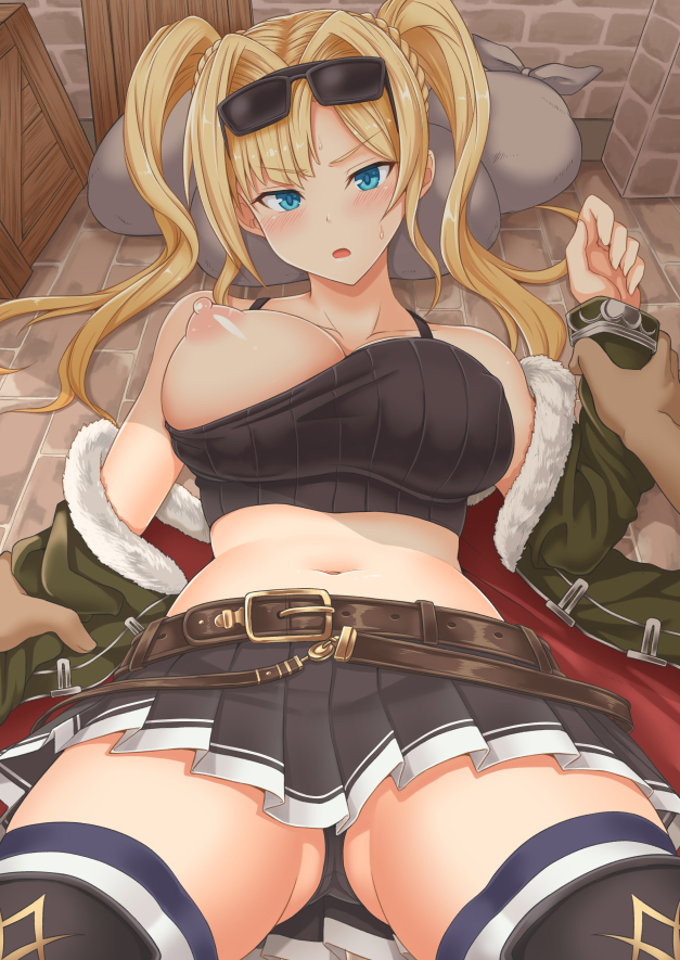1girls, ass, ass visible through thighs, bare shoulders, belt, black panties, black shirt, black skirt, blonde hair, blue eyes, blush, boots, braid, breasts, camisole, crop top, eyewear on head, frown, fur trim, fur-trimmed jacket, grabbing another's arm, granblue fantasy, green jacket, hair intakes, held down, holding another's wrist, jacket, large breasts, long hair, long sleeves, looking at viewer, lying, midriff, miniskirt, navel, nipples, no bra, on back, one breast out, open clothes, open jacket, open mouth, panties, parted bangs, pleated skirt, pov, restrained, sack, shirt, skirt, solo focus, spaghetti strap, sunglasses, sweatdrop, thigh boots, thighhighs, thighhighs under boots, twintails with braided base, underwear, upskirt, yasojima nejiro, zeta (granblue fantasy)