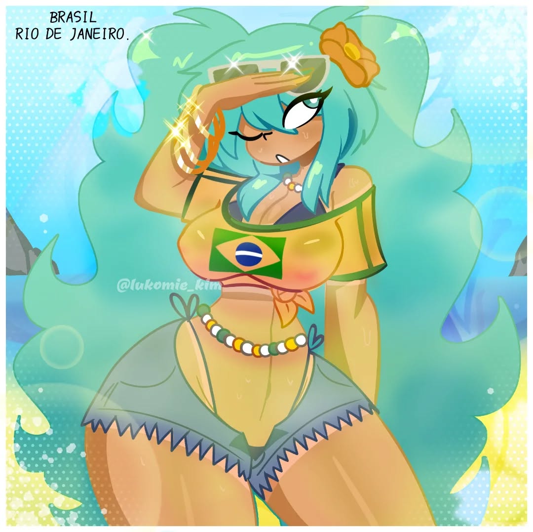 1girl, aqua hair, big hair, bikini, bikini under clothes, bracelet, brazilian miku, breasts, cleavage, dark skin, dark-skinned female, denim, denim shorts, eyewear on head, flower, green hair, hair flower, hair ornament, hatsune miku, highleg, jewelry, large breasts, liamvickers 98, long hair, narrow waist, necklace, one eye closed, sexy, shirt, shorts, solo, sunglasses, swimsuit, tagme, tan, thick thighs, tied shirt, very long hair, vocaloid, wide hips