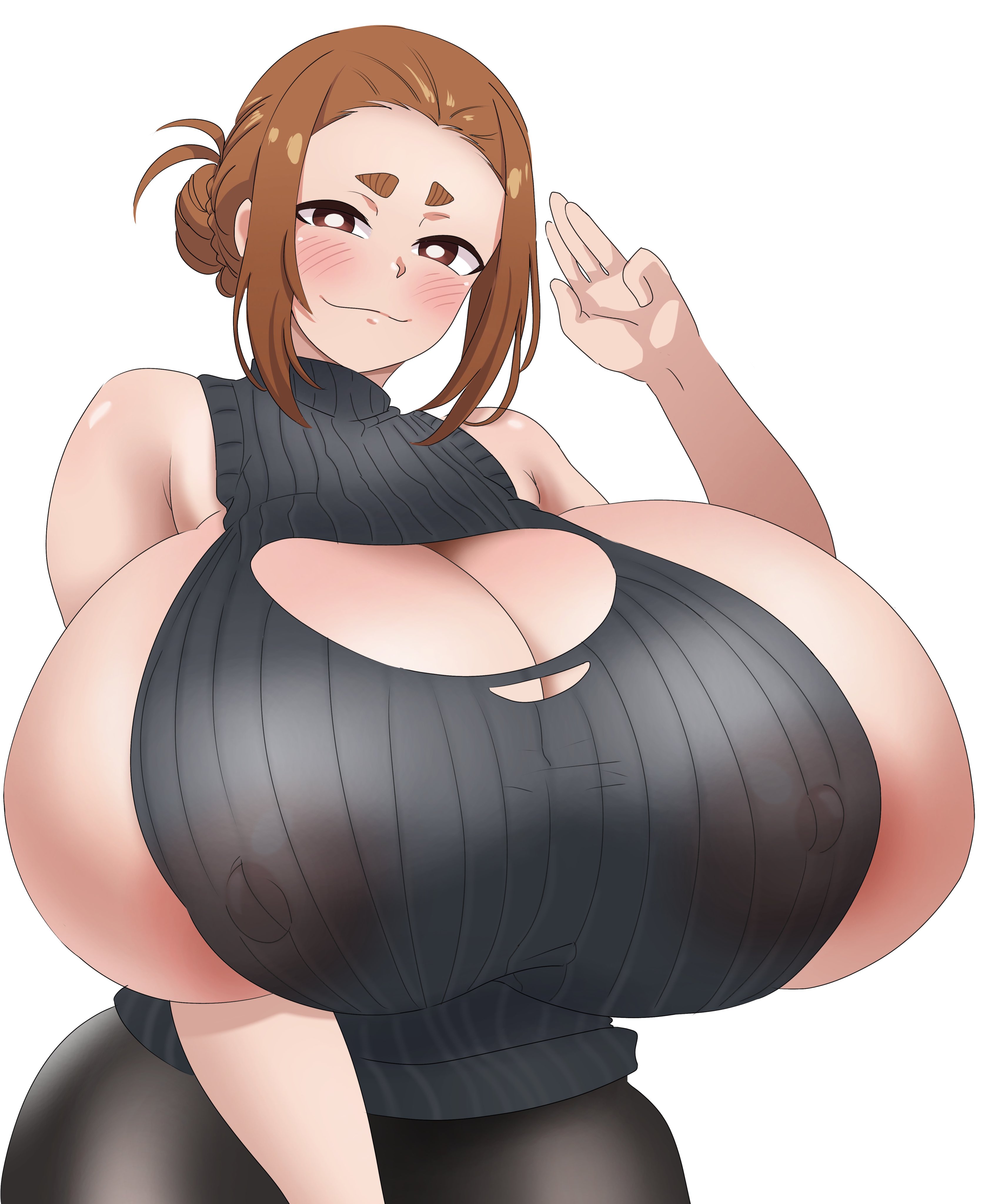 1girls, areola, areola slip, areolae, big breasts, blush, brown hair, clothed, curvy, drawau, female, female only, huge breasts, hyper breasts, kaii to otome to kamikakushi, mature female, milf, ogawa sumireko, smile, solo, tagme, virgin killer sweater, wardrobe malfunction, wide hips