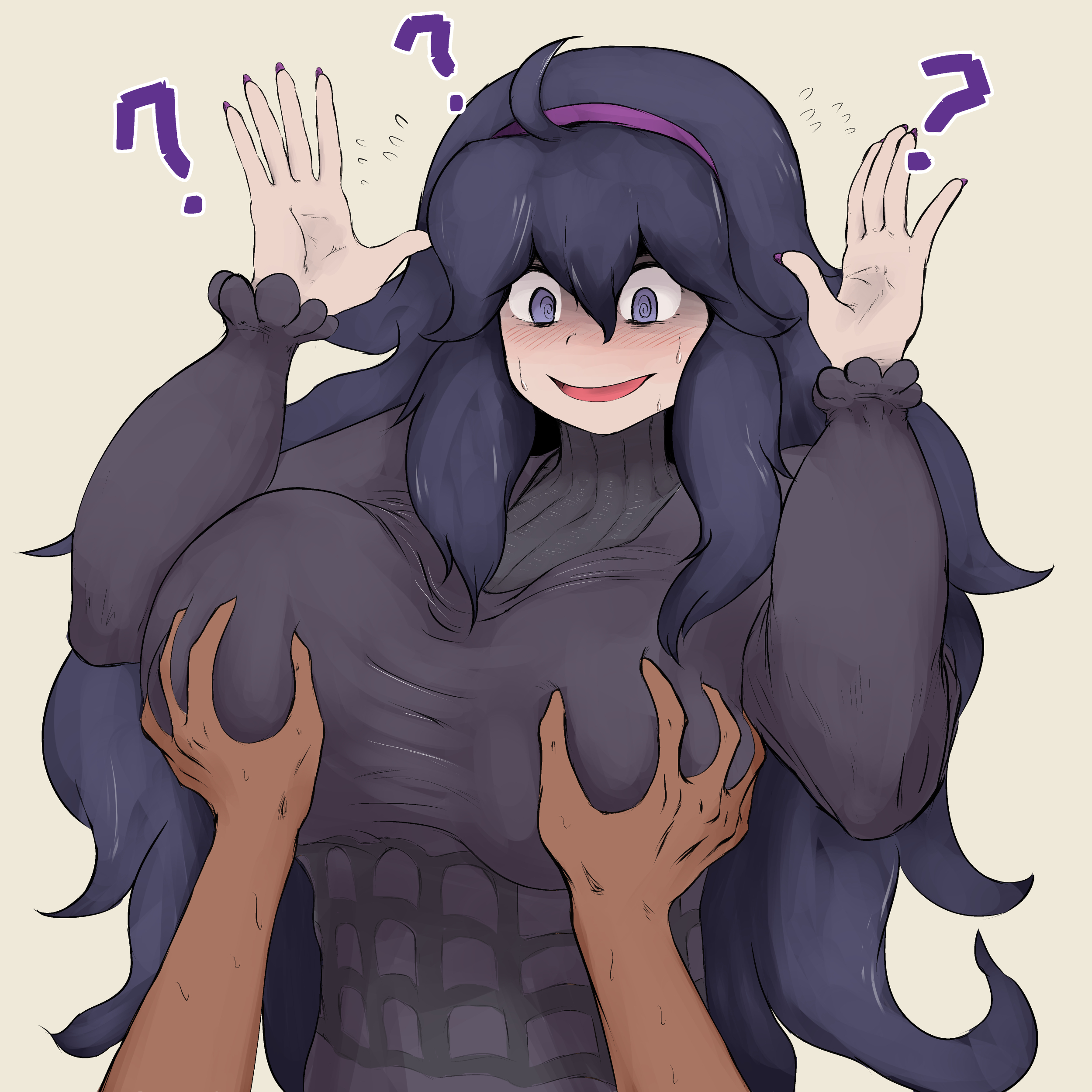 1girls, big breasts, blush, boob grab, breast grab, clothed female, clothing, dark skin, dark-skinned male, female, female focus, grope, groping, groping breasts, hex maniac, iegami, large breasts, light skin, light-skinned female, male pov, offscreen male, open mouth, open smile, pokemon, pov, pov hands, pov male, secretly loves it, suprised look, surprised, voluptuous, voluptuous female