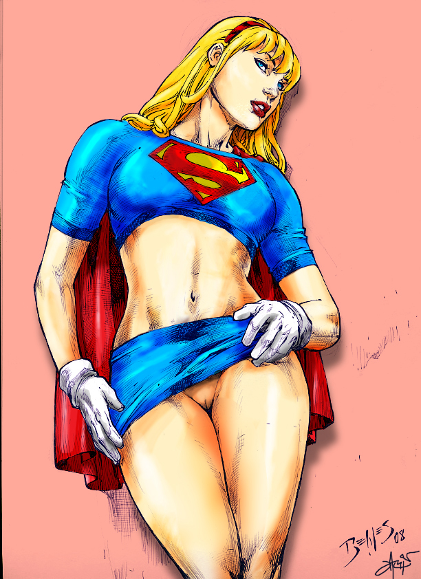 1girls 2008 blonde_hair blue_eyes color colored colorized dc dc_comics ed_benes ed_benes_studio female female_only gloves long_hair navel pussy solo supergirl superman_(series) tagme