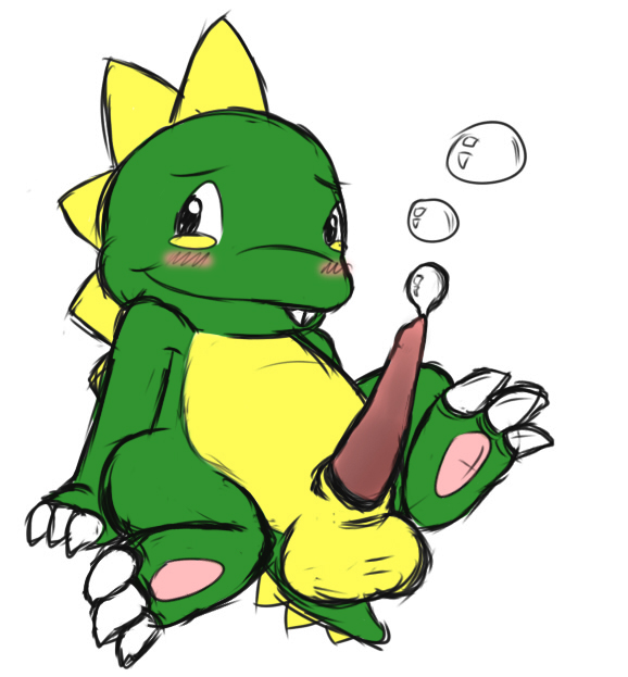 1boy balls blush bub bubble_bobble cum cum_bubble dinosaur erection male male_only penis scalie solo teeth