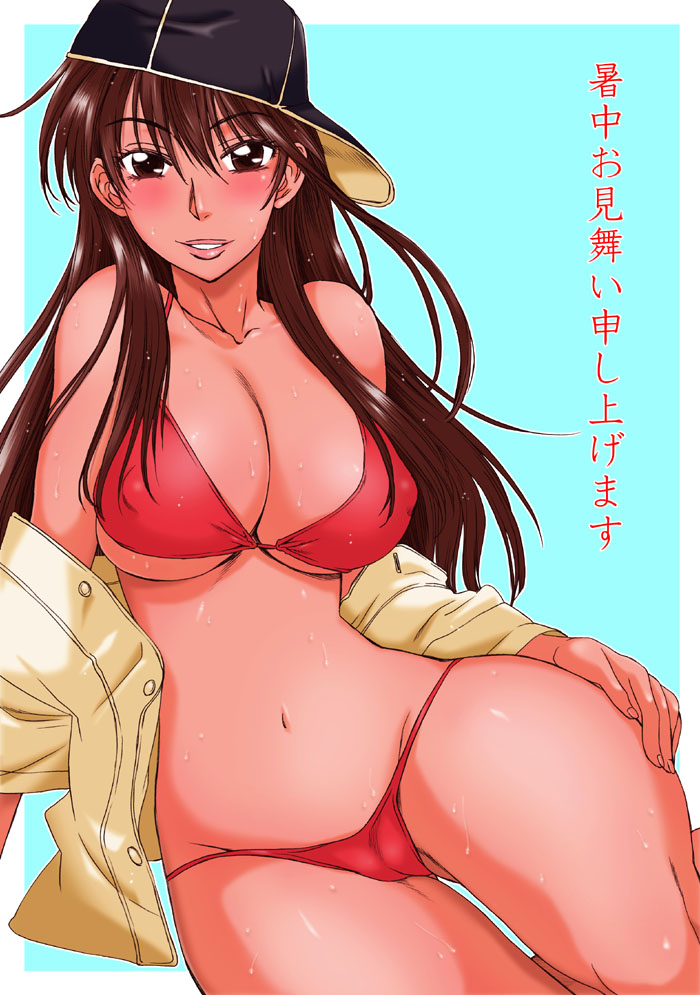 1girls bikini blush breasts brown_eyes brown_hair cameltoe cap cleavage erect_nipples female hanzaki_jiro hanzaki_jirou huge_breasts large_breasts long_hair lowleg lowleg_bikini maria_momoe momoe_maria ookiku_furikabutte open_clothes open_shirt screencap shirt solo sweat swimsuit underboob