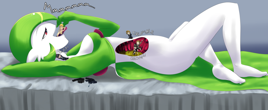 breasts, clothing, female, female gardevoir, female prey, gardevoir, ilackausername, large breasts, lying down, micro female, pokemon, pokemon (species), pokemon rse, saliva, stomach, swallowed whole, swallowing, tongue, vore, x-ray