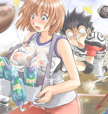 1boy 1girls anezaki_mamori blush breasts eyeshield_21 football_(american) konkitto monta_(eyeshield_21) open_mouth raimon_tarou sports sports_uniform