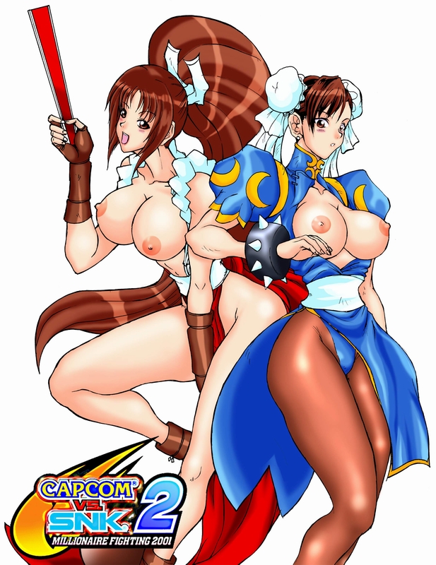 2girls artist_request blush bracelet breasts brown_hair bun_cover capcom_vs_snk capcom_vs_snk_2 china_dress chinese_clothes chun-li closed_fan crossover death_battle double_bun fan fatal_fury female female_only fingerless_gloves folding_fan gloves human jewelry king_of_fighters large_breasts loincloth long_hair mai_shiranui multiple_females multiple_girls open_clothes open_shirt pantyhose ponytail rope shirt spiked_bracelet spikes straight_hair street_fighter tied_hair very_long_hair