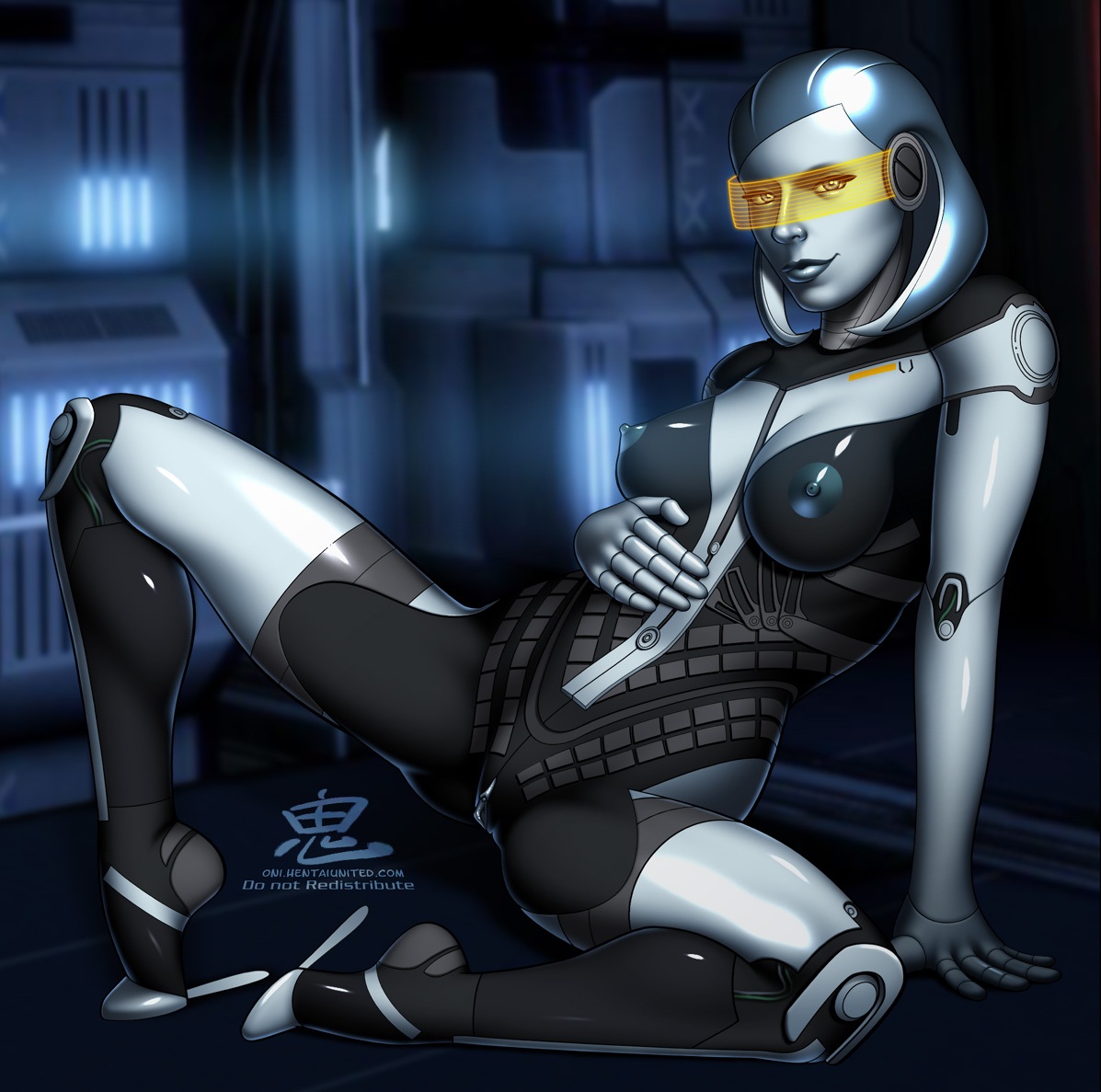 areola, breasts, clitoris, edi, female, looking at viewer, mass effect, mechanical, nipples, oni (artist), orange-tinted eyewear, presenting, pussy, robot, robot girl, solo, tagme, tinted eyewear, visor