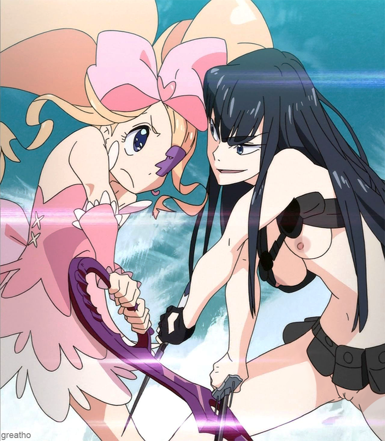 2girls, areola, breasts, female, greatho, harime nui, hourglass figure, kill la kill, kiryuuin satsuki, nipples, nude, nude filter, nudist beach uniform, photoshop, pussy, scissor blade