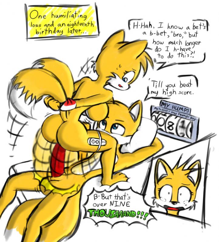 anthro arms_behind_back ass bed canine counter cowgirl_position female fox fur game_controller male mammal meme motion_blur multiple_tails norithics penis rule_63 selfcest sex sonic_(series) speech_bubble straight straight_hair tagme tails tailsko tears text wiimote