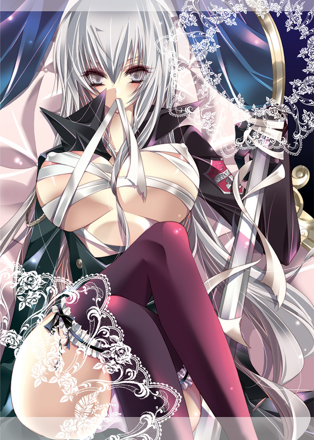 bandage breasts crossed_legs hair huge_breasts katekyo_hitman_reborn katekyo_hitman_reborn! kyan kyan_(glira) legs_crossed long_hair mouth_hold nipples open_clothes open_shirt panchira_sit panties pantyshot pantyshot_(sitting) pantyshot_sitting rule_63 sarashi shirt silver_hair sitting superbi_squalo superbia_squalo sword thighhighs underwear weapon white_eyes