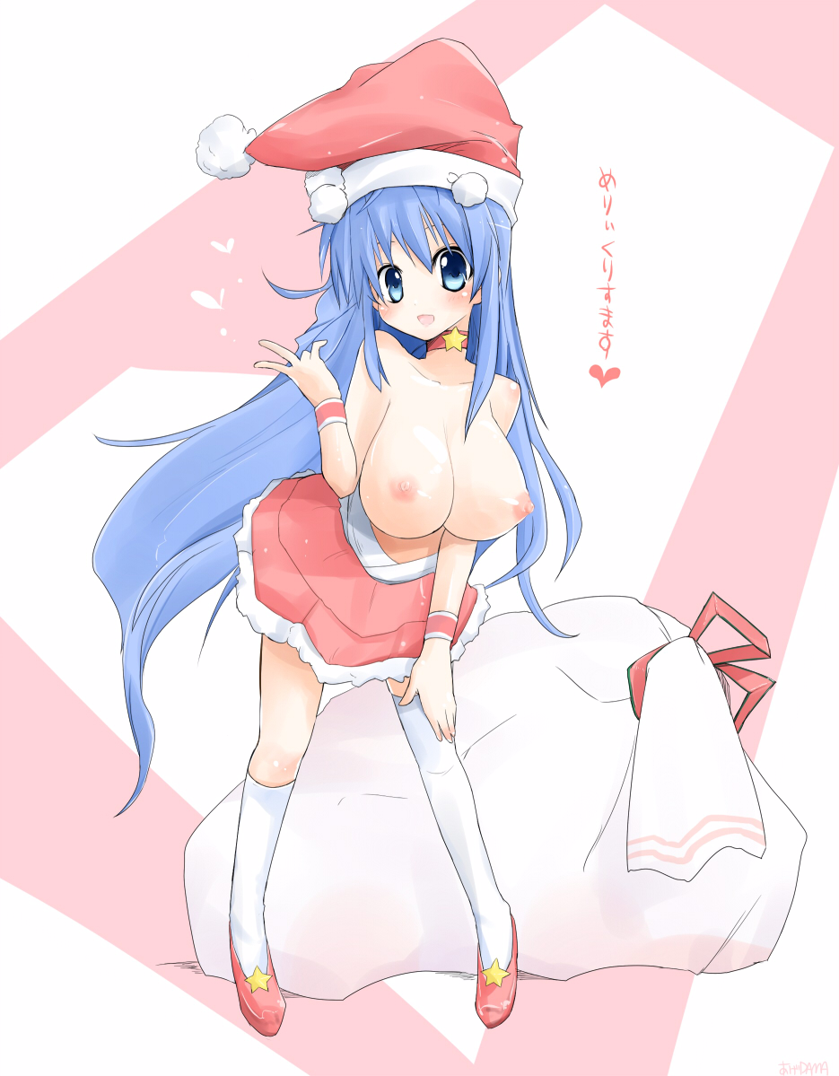 blue_eyes blue_hair breasts christmas dama hat huge_breasts jewelry necklace pangya santa_costume santa_hat thighhighs