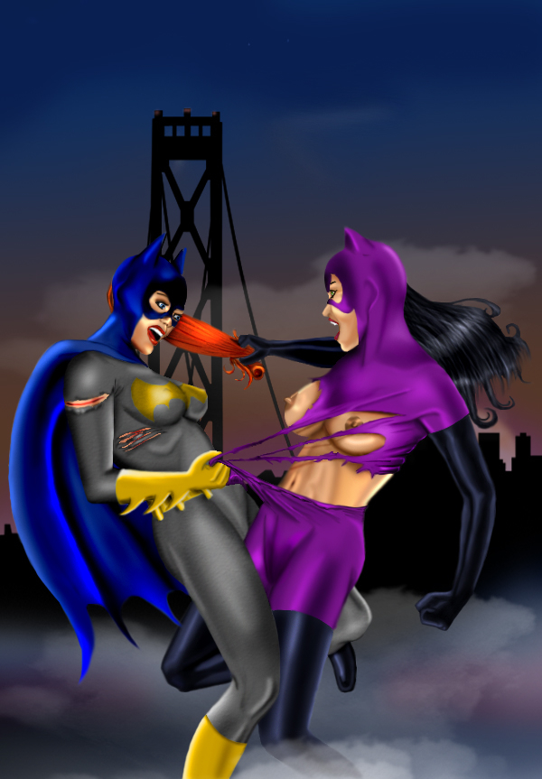 2girls batgirl batman_(series) big_breasts black_hair blood breasts catfight catwoman dc_comics female female_only frelncer multiple_girls nipples red_hair ripping_clothes scratches straight_hair torn_clothes year_request